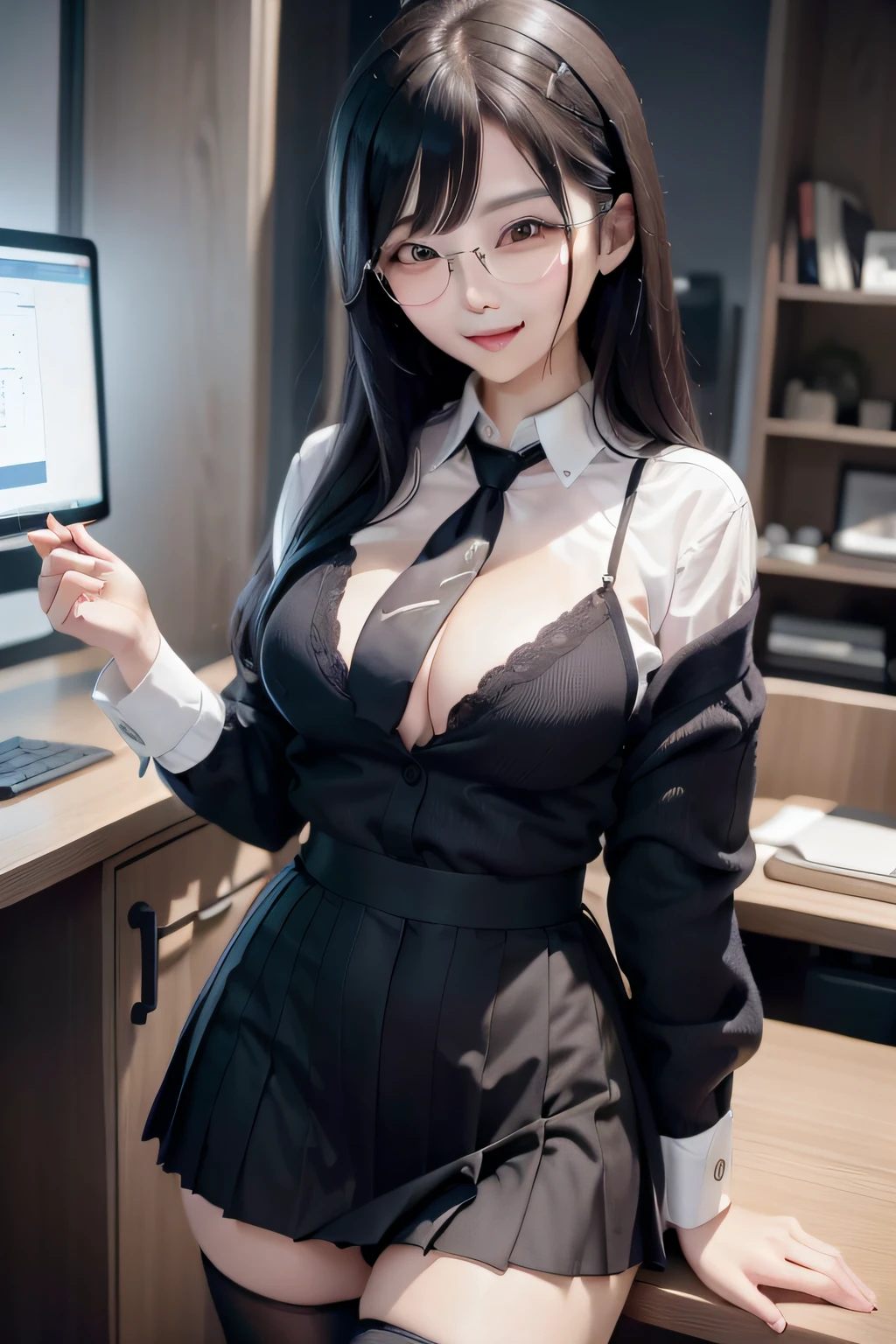 s Office、Work on a computer、eye glass、a miniskirt、a smile