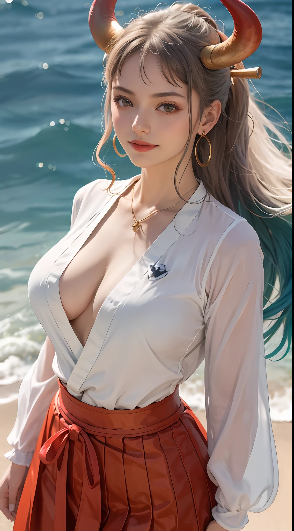 Masterpiece, Best quality, 1womanl, A high resolution,  Beautiful girl ,  yamatowanpi，Large breasts，cleavage，White color blouse，looks into camera，Bust photo，Raised sexy，Be red in the face，Sea background，ssmile