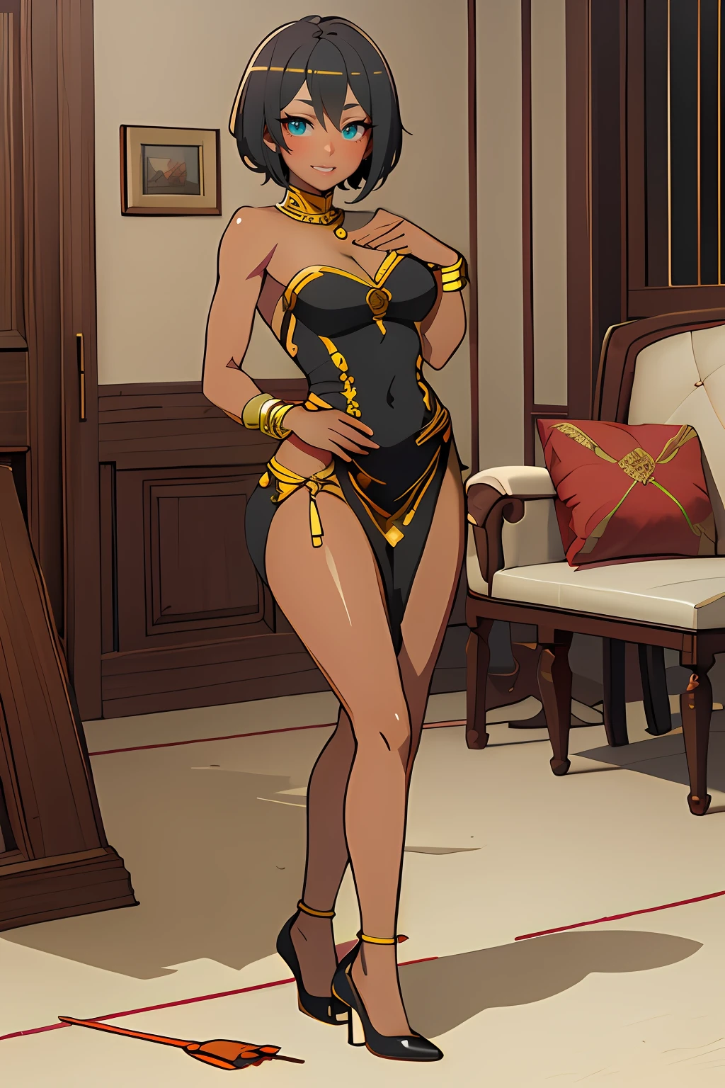 Anime character in a black and gold suit standing in a room, Cushart Krenz Key Art Femenino, Anya de Spy X Family, Regal Pose, Krenz Cushart y Artgerm, Pose real elegante, Vestimenta real Akira, Cushart Kenz, Retrato de cuerpo entero de un corto!, Senna de League of Legends, Cushart Krenz, Arte Oficial