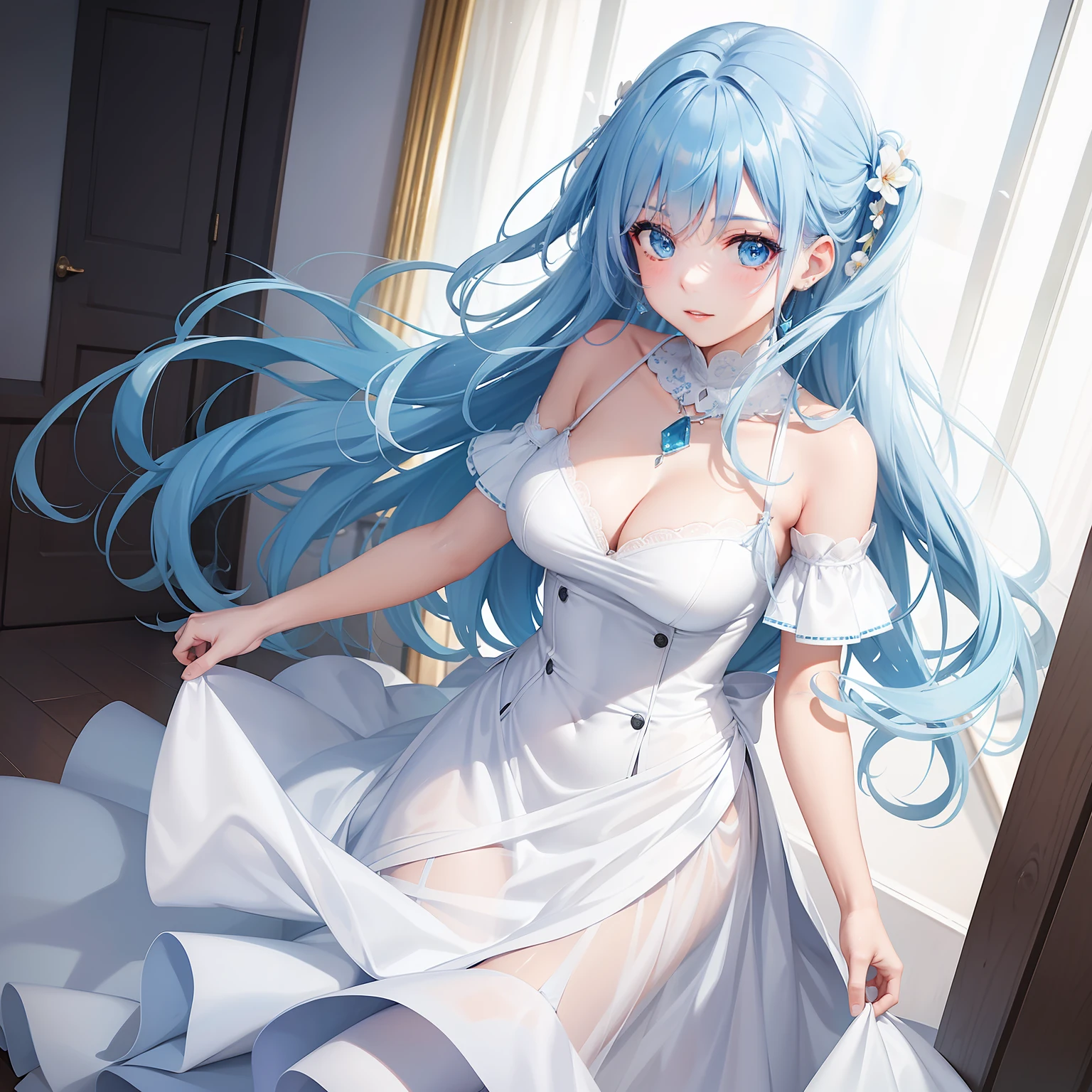 a women, blue hair, blue eyes, white dress