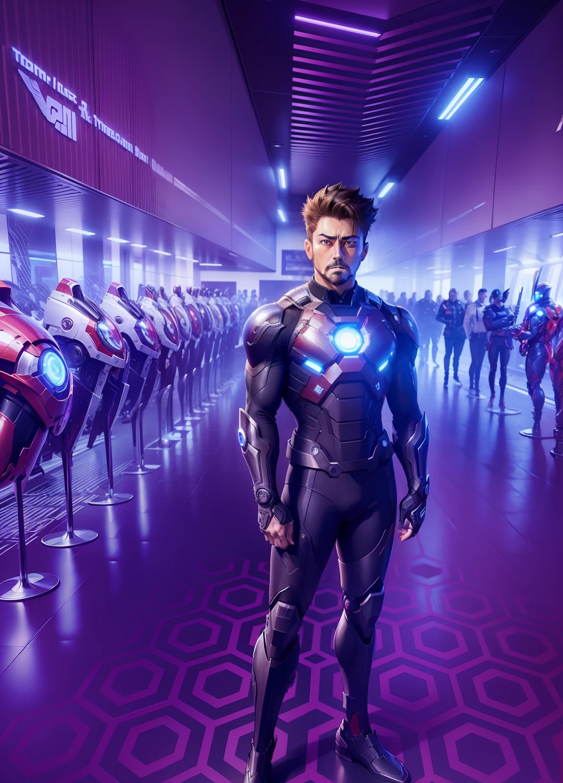 Create an anime-style full A closeup of a twenty-one-year-old in a black wetsuit with a sword, Cyborg Male, Paul Atreides, my original face as Kenshiro, Android male,  as Tony Stark, Jacen Solo, profile picture, Android James, male cyborg, sharp and elegant black  as Iron Man, Gantz,  no text, concept art by Tony Stark