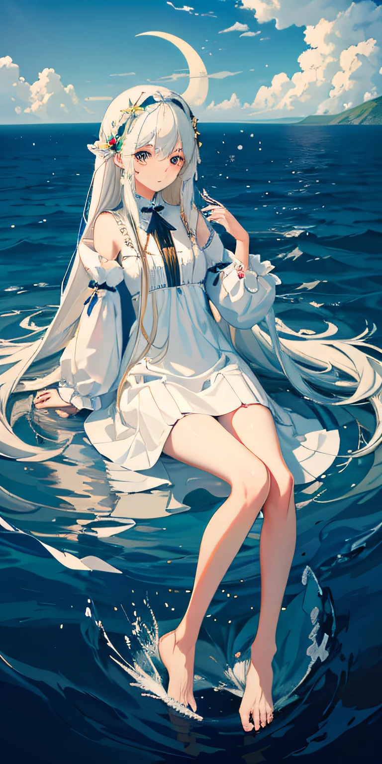 Highest image quality,tmasterpiece,First in the world,Top painting,Holy Maiden,abstact,The long white skirt flowed,An endless flowing ocean,Deep eyes,Sit on your knees,The sky is cloudy,The sun and moon shine,The water is calm,Full body like,Photo quality,4K,