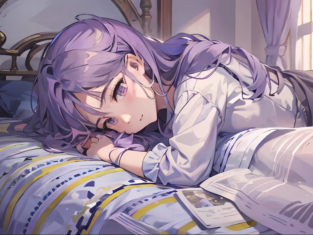 Anime girl laying on bed with purple hair and blue eyes - SeaArt AI