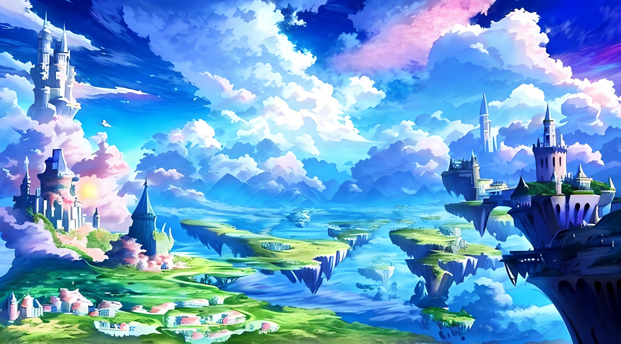 sky cities,Anime landscape concept art, A castle surrounded by colorful clouds,dream magical,Colorful,anime landscape wallpapers, Anime background art, anime countryside landscape, !dream concept art, Anime landscape, beautifull puffy clouds. anime big breast, lie on white clouds fairyland, 2. 5 D CGI anime fantasy artwork, gigantic landscape!, flying cloud castle