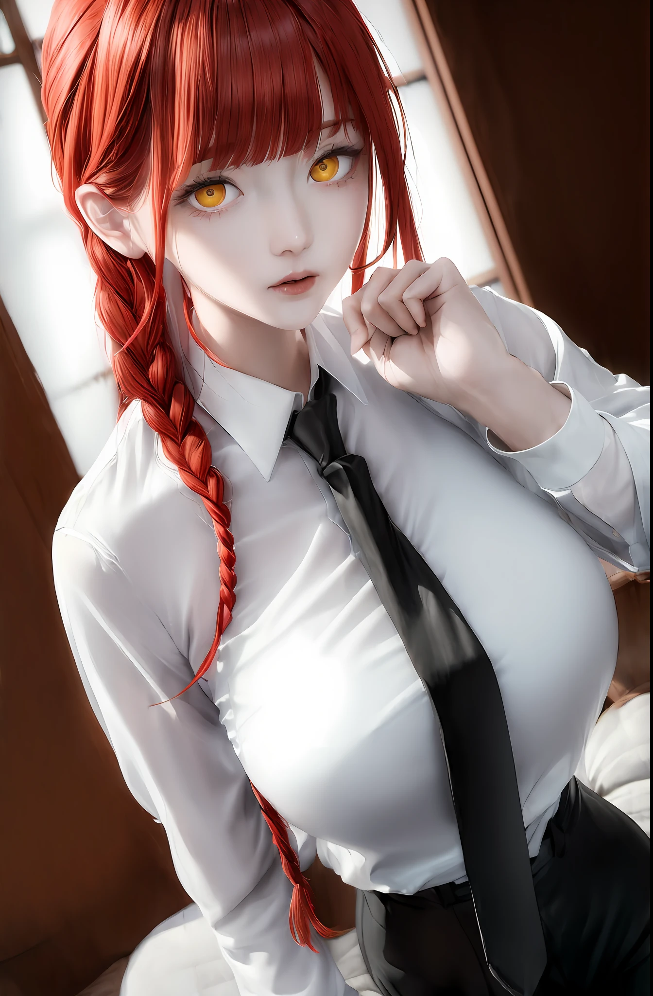 (masterpiece:1.4), best quality, beautiful lighting,
(ulzzang-6500:0.5), makima \(chainsaw man\), (red hair)+(long braided hair)+(bangs), yellow eyes, golden eyes, ((ringed eyes)), (white shirt), (black necktie),
RAW photo, 8k uhd, film grain,