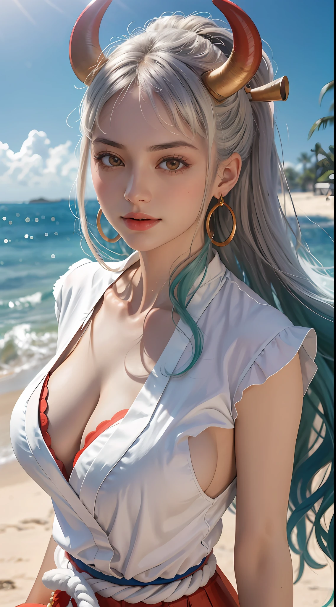 Masterpiece, Best quality, 1womanl, A high resolution,  Beautiful girl ,  yamatowanpi，Large breasts，cleavage，White color blouse，looks into camera，Bust photo，Raised sexy，Be red in the face，Sea background，ssmile