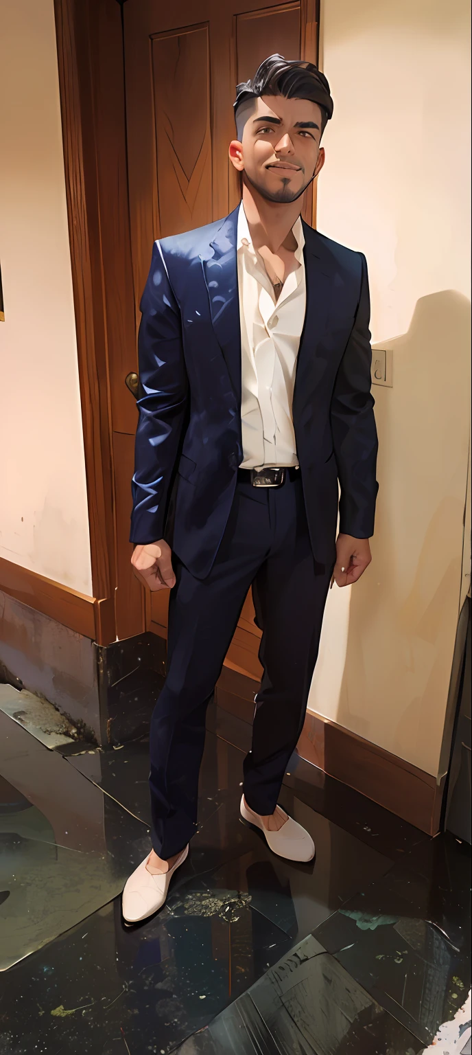 undercucho, headshot, (jacked charlzcjm, bright hazel green eyes), (curly low fade haircut:1.14), (sunburned skin, 5 o'clock shadow) ((smirking, buff)), detailed face, detailed iris, full lips, ((cute, wearing a modern luxury dark navy blue suit, pocket handkerchief, buff, wavy low fade haircut)), ((grey background, symmetrical facial features)), intricate details, studio lighting, 80mm, portrait, shallow depth of field, CEO, smirking, happy 8k uhd, dslr, soft lighting, high quality, film grain, Fujifilm XT3