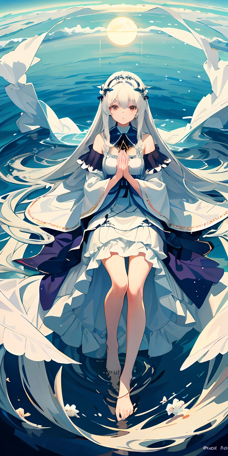 Highest image quality，tmasterpiece，First in the world，Top painting，Holy Maiden，abstact，The long white skirt flowed，An endless flowing ocean，Deep eyes，Sit on your knees，The sky is cloudy，The sun and moon shine，The water is calm，Full body like，Photo quality，4K，