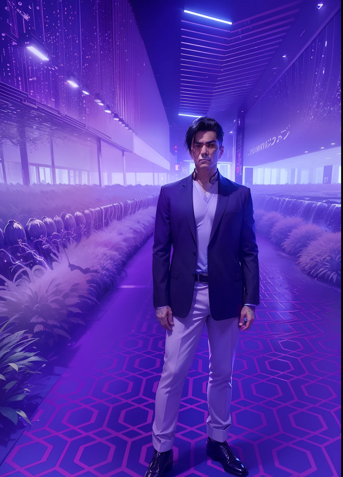 Create an anime-style full body shot of a middle-aged man exuding an air of confidence. He possesses sleek black hair and piercing black eyes that hold a hint of mystery. His expression showcases a smirk, suggesting a keen sense of wit and charm. His medium build is complemented by the distinctive yakuza-inspired clothing he wears. Capture him in a powerful stance that reflects his presence as a figure of authority. Focus solely on the character, omitting any background elements. Utilize a mix of bold linework and shading techniques to bring out the nuances of his attire, facial features, and expression. The image should convey both his enigmatic nature and the sense of dominance he exudes. And my original face