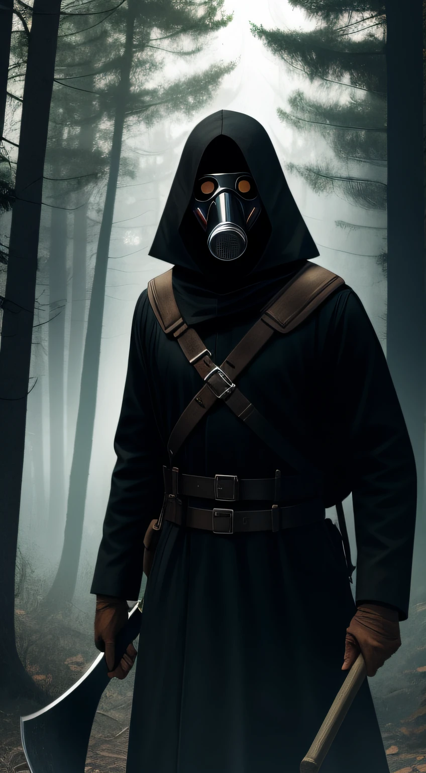 Cover of a horror movie with a gas mask-masked Black Death dr holding an axe in the woods