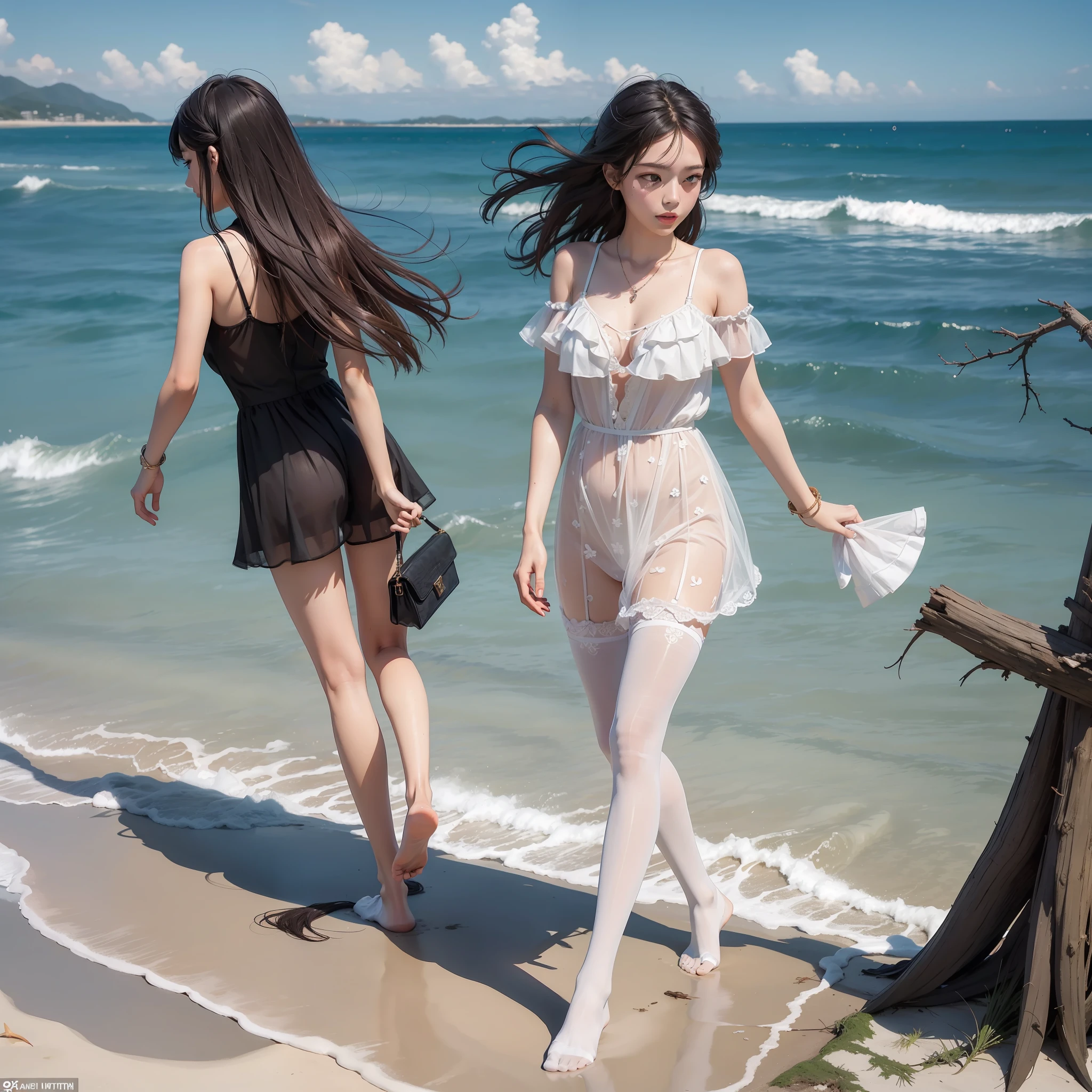 tmasterpiece，best qualtiy：1.4），Smooth movement，（2girls），（highest details），lacepantyhose，without wearing shoes，Whole body diagram，beachside，taking a walk，Lazy，playing water