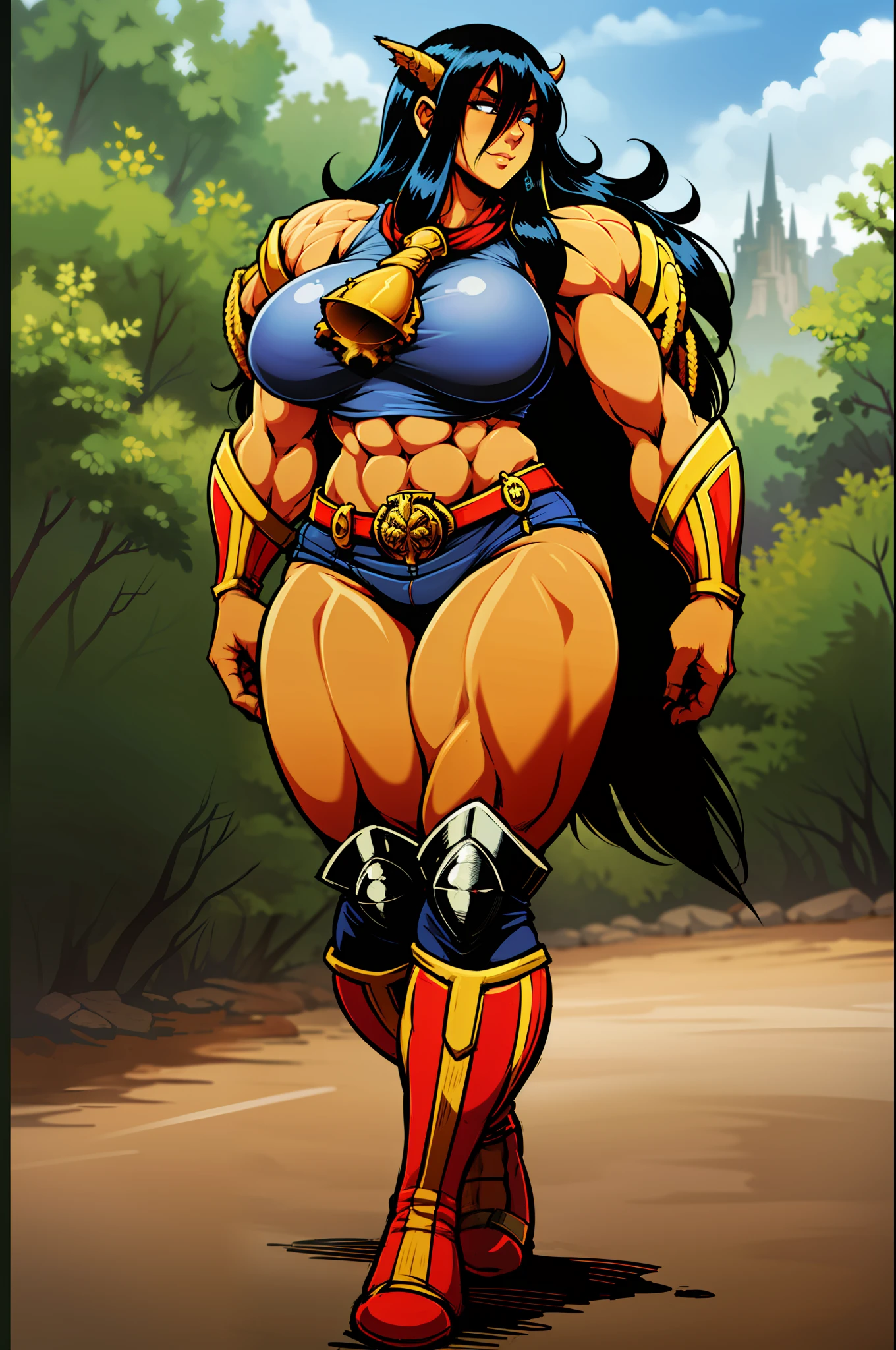 gogo, long hair, black hair, tallgirl,darkskinned-female,, musclegirl, fantasy,barbarian,berserker,huge breast,revealing cloths, full body, boots, holding lance, boots, , walking
