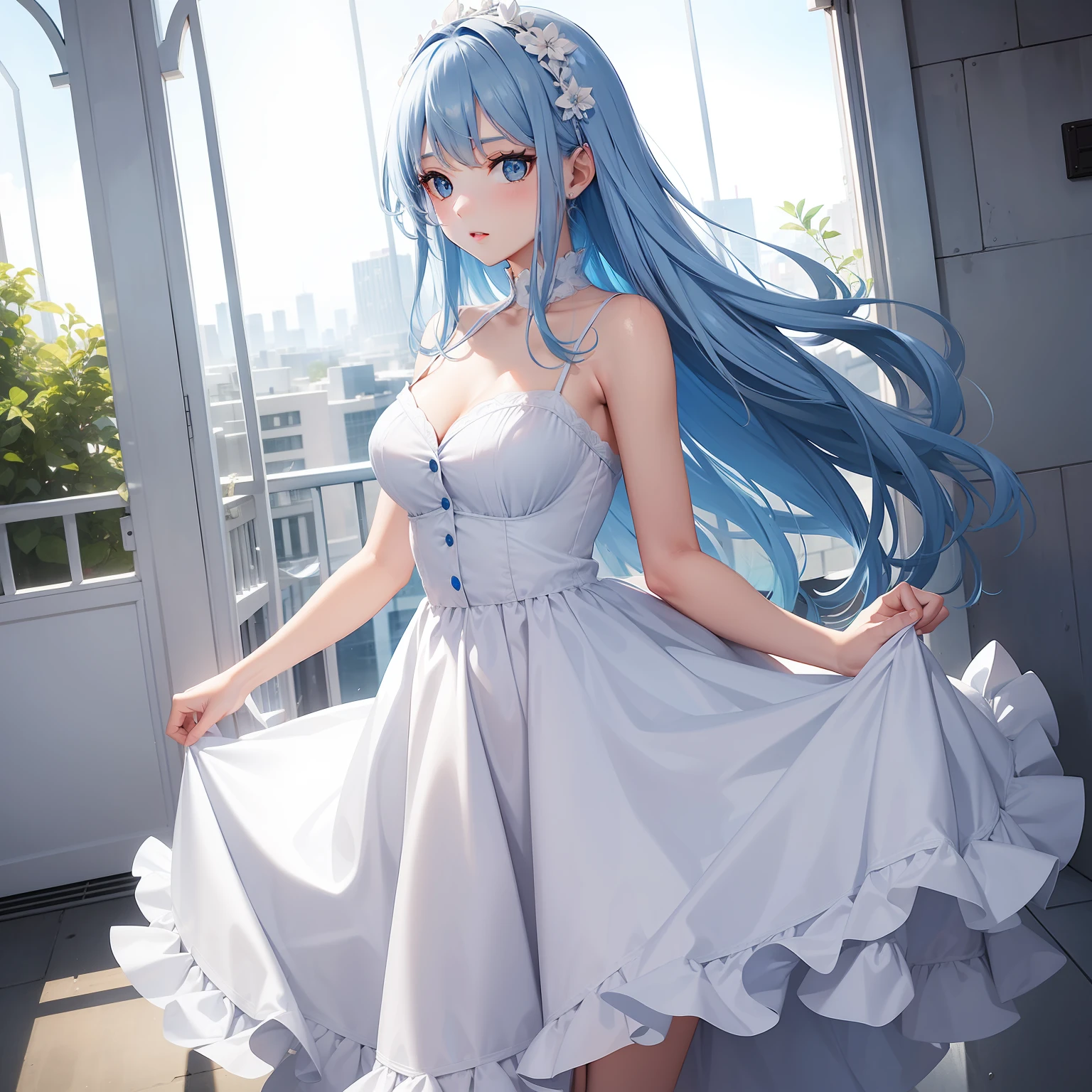 a women, blue hair, blue eyes, white dress
