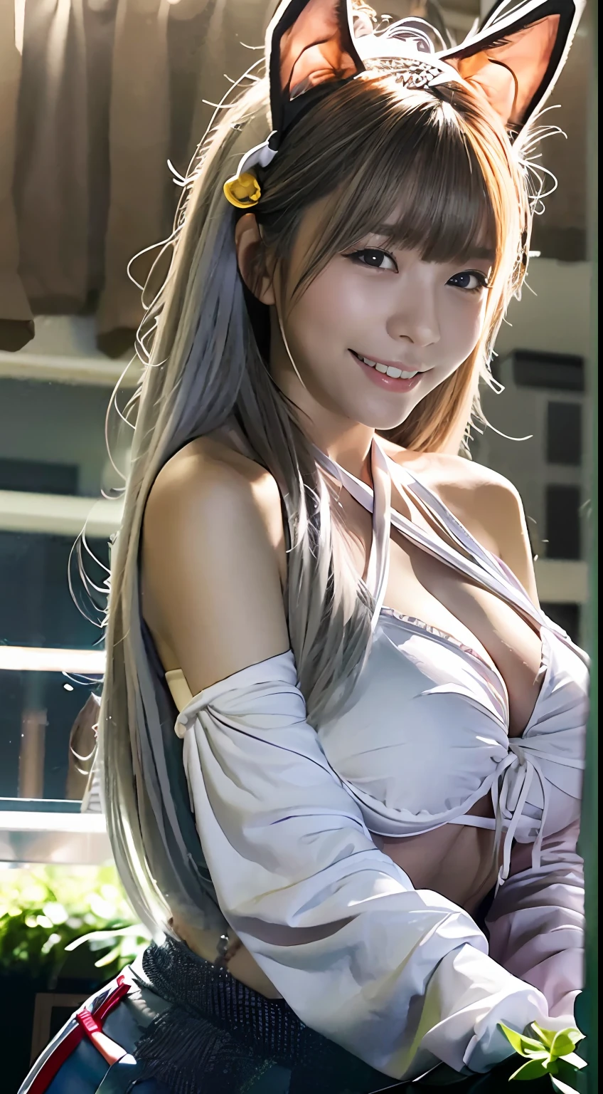 top-quality、超A high resolution、(Photorealsitic:1.4)、1人、Bunny Girl Cosplay、black ears、(white hair:1)、(huge-breasted:1.2)、looking at viewert、a bar counter、No underwear、White underwear、a smile
