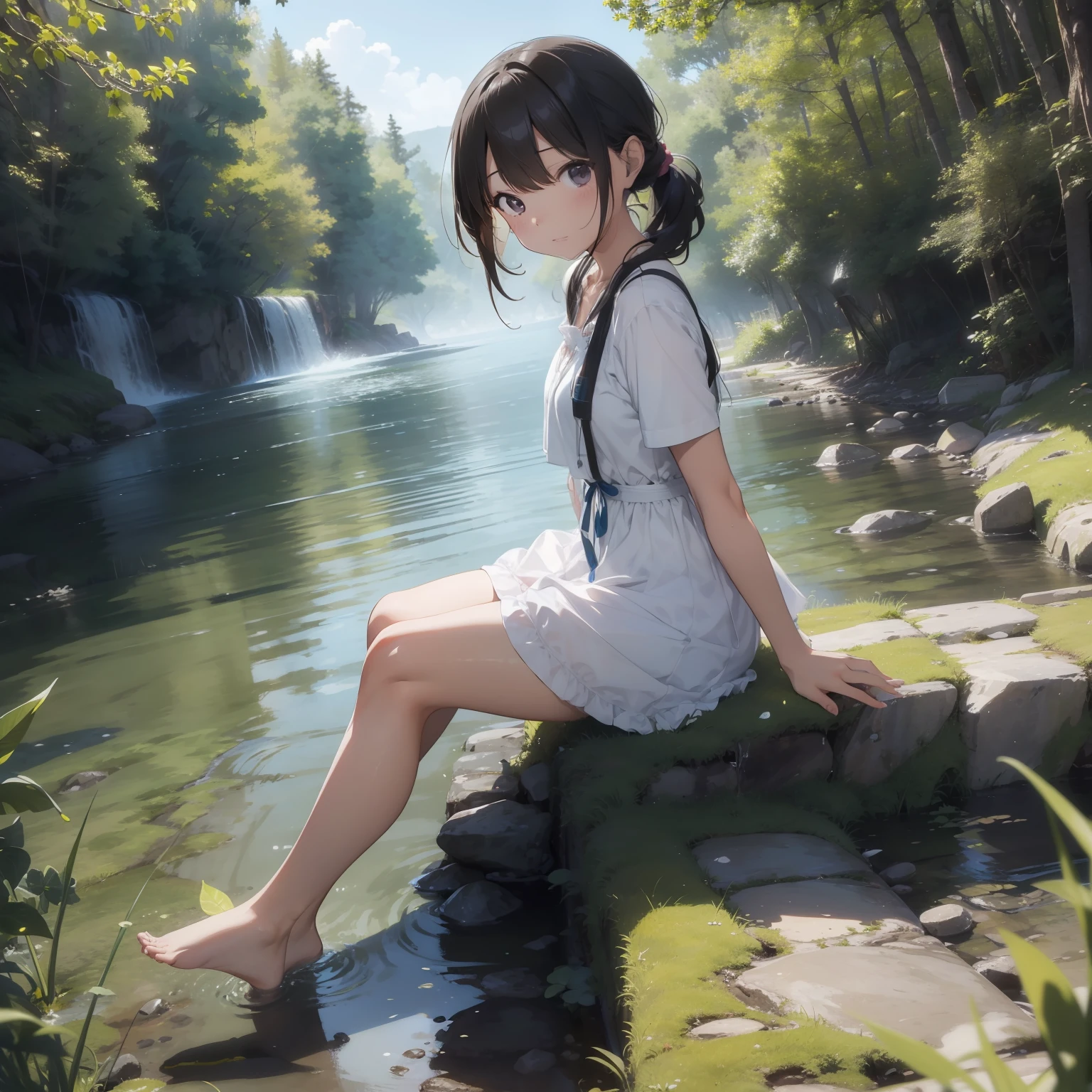masterpiece、Beautiful images、high-level image quality、Definition image quality、独奏、Very pretty girl、A girl in a light dress is sitting by a stream、A girl was cooling off with her bare feet in the river water、Camera angle from diagonally above、A green world stretches around the creek、There was a healing space where you could feel negative ions.、