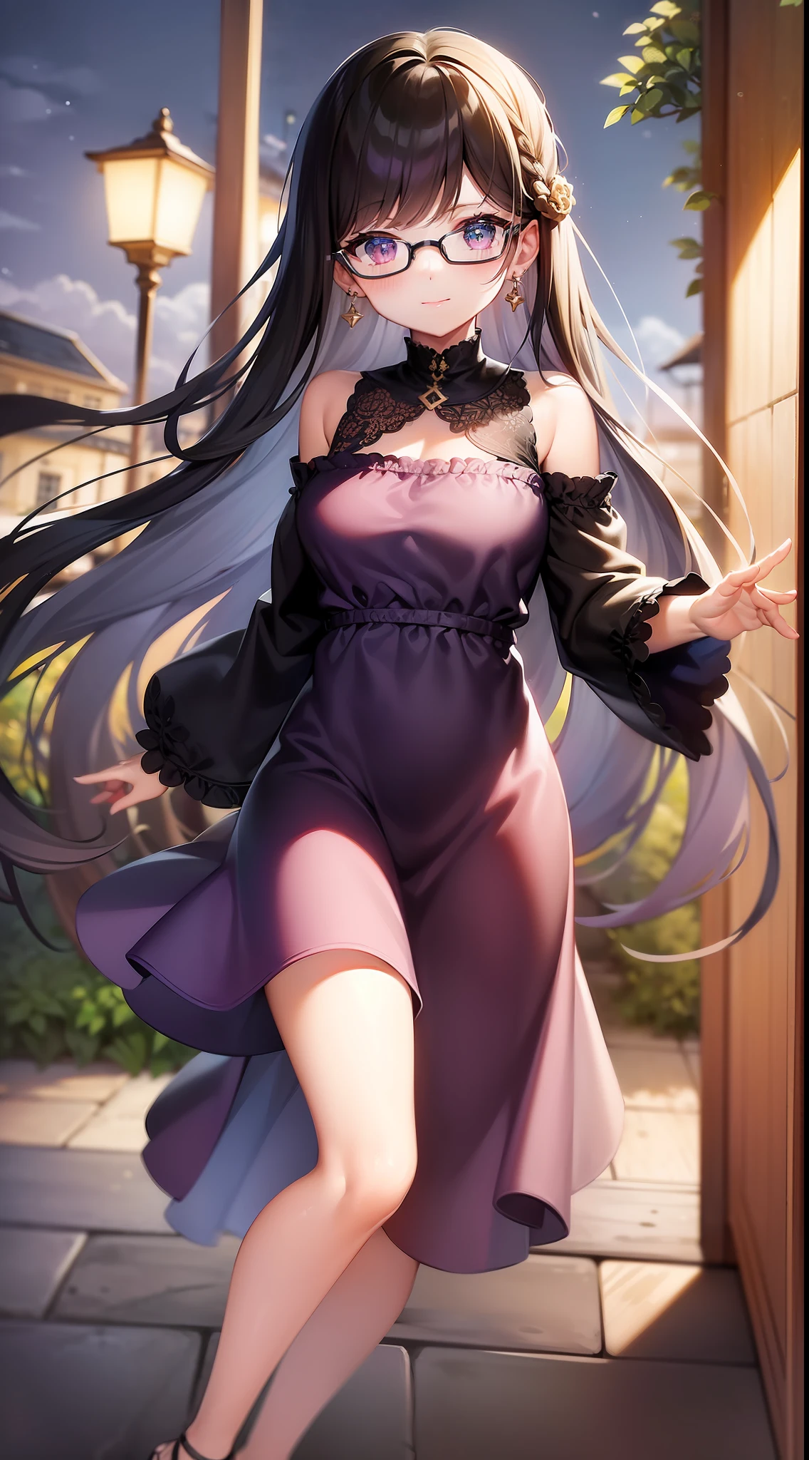 (masterpiece), best quality, expressive eyes, perfect face, 1girl, solo, bluntbangs hair, (illustration: 1.1), (best quality), (beautiful and clear background: 1.25), (extremely detailed CG unity 8k wallpaper: 1.1), (colorful: 0.9), (depth of field: 0.75), (splash ink: 0.95), (splash color: 0.85), (watercolor: 0.65),
(detailed eyes: 1.4), golden eyes, (multicolored hair: 1.2), black hair, bright eyes, multi line in hair, glasses, long hair
(purple tunic shirtdress: 1.4),collar, earrings, sandals,
looking_at_viewer, smile, park, outdoor, night, detailed night lamp, close up,
