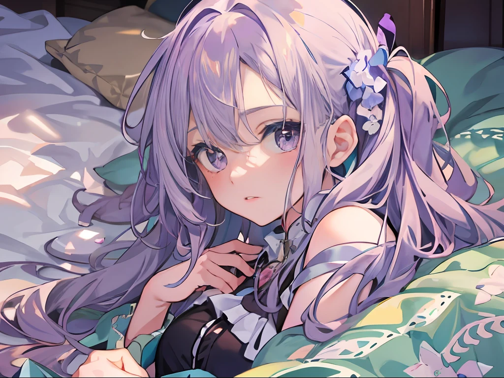 Best quality, tmasterpiece, A 12-year-old girl，Long light purple hair and purple eyes，Sitting on a shabby bed covered with a thick quilt，Expressions of confusion and surprise