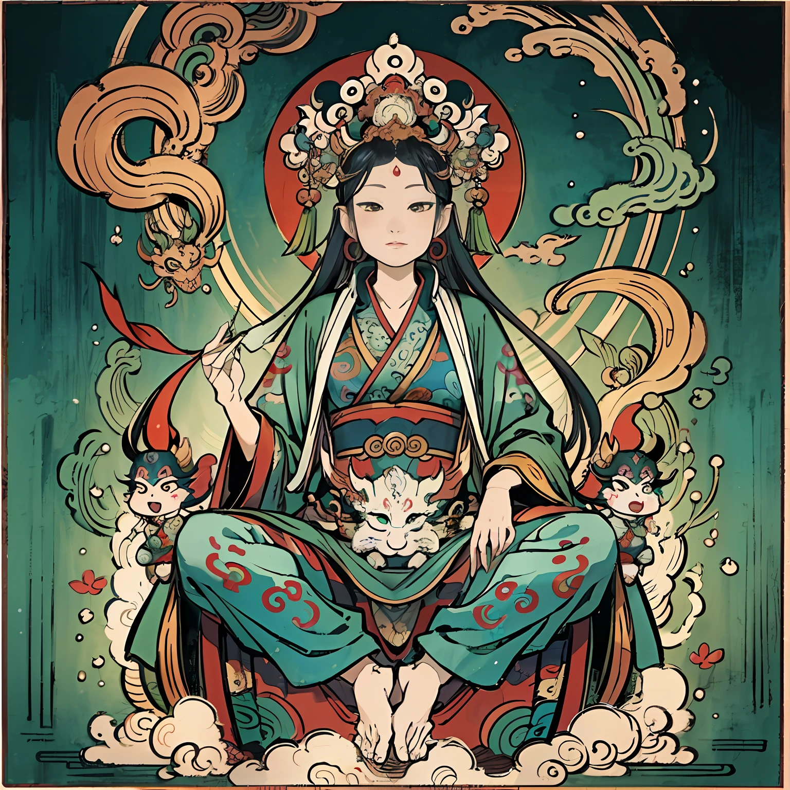 an ancient Chinese goddess, guanyin of the southern seas, Guanyin, Inspired by India, Avalokiteshvara rides a dragon,Serene expression,shui mo hua,Buddha,Buddhist,Lotus,Chinese painting style,Thangka style
