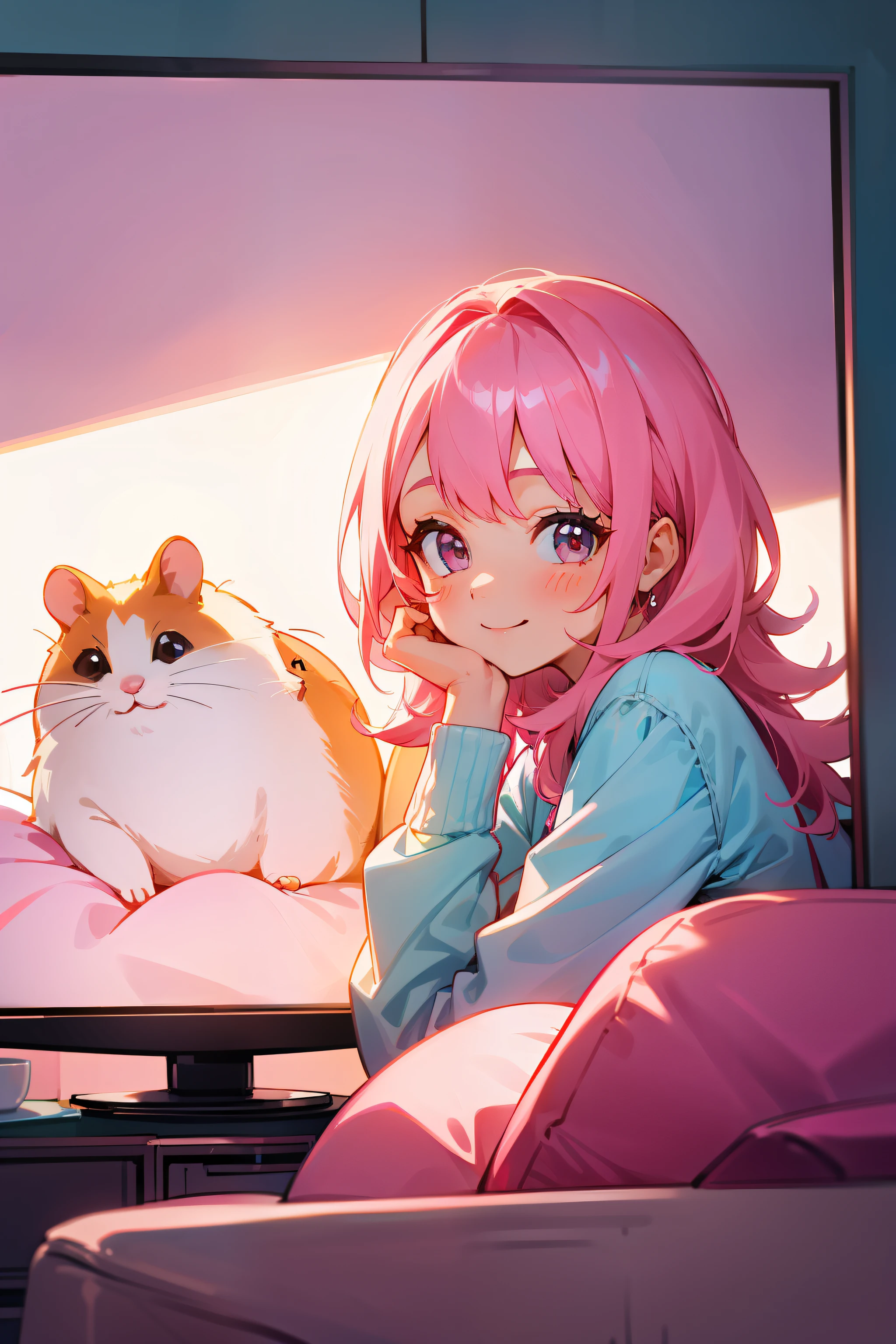 Cute lady hamster, watching tv, Sweet smile, Soft pink hair, Happy scene