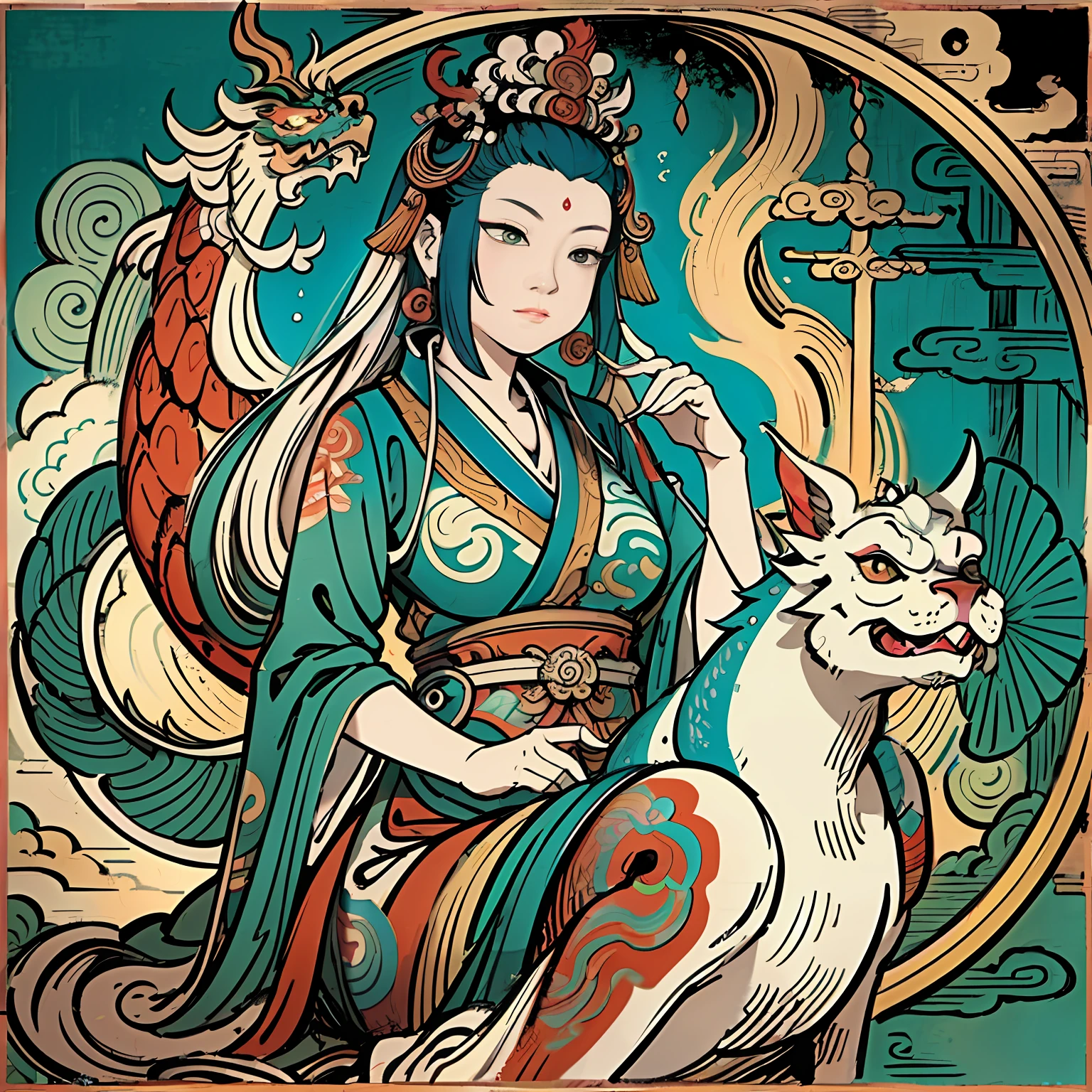 an ancient Chinese goddess, guanyin of the southern seas, Guanyin, Inspired by India, Avalokiteshvara rides a dragon,Serene expression,shui mo hua,Buddha,Buddhist,Lotus,Chinese painting style,Thangka style
