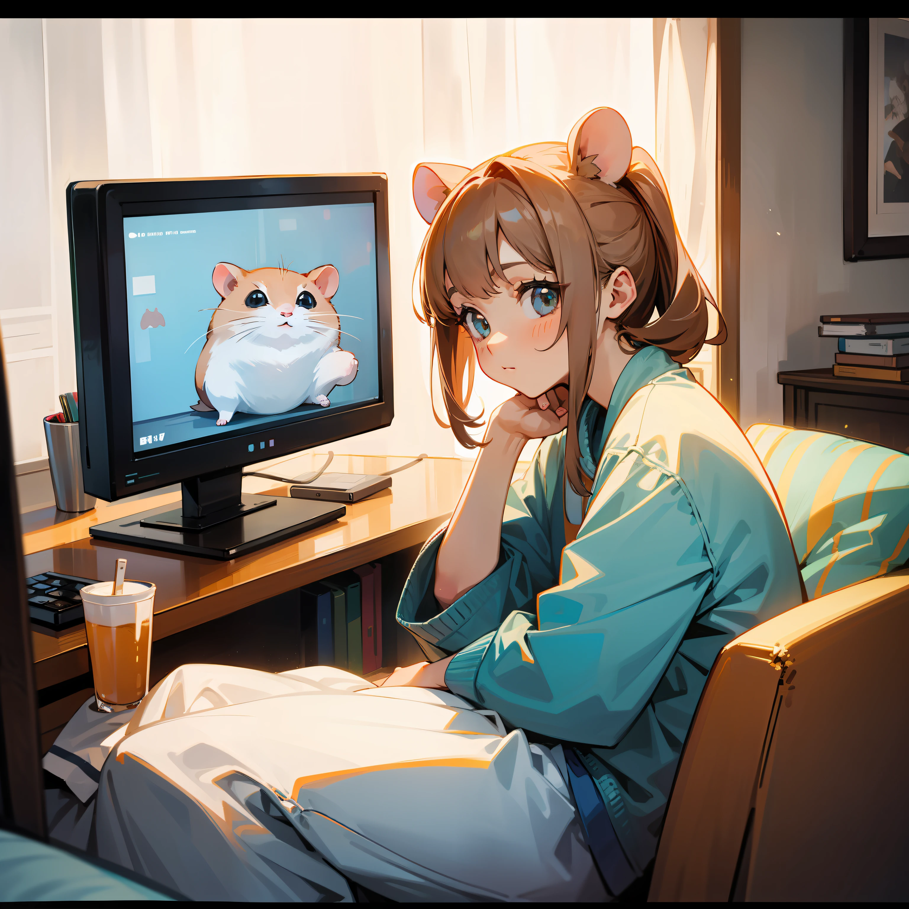 The cute lady hamster is watching TV