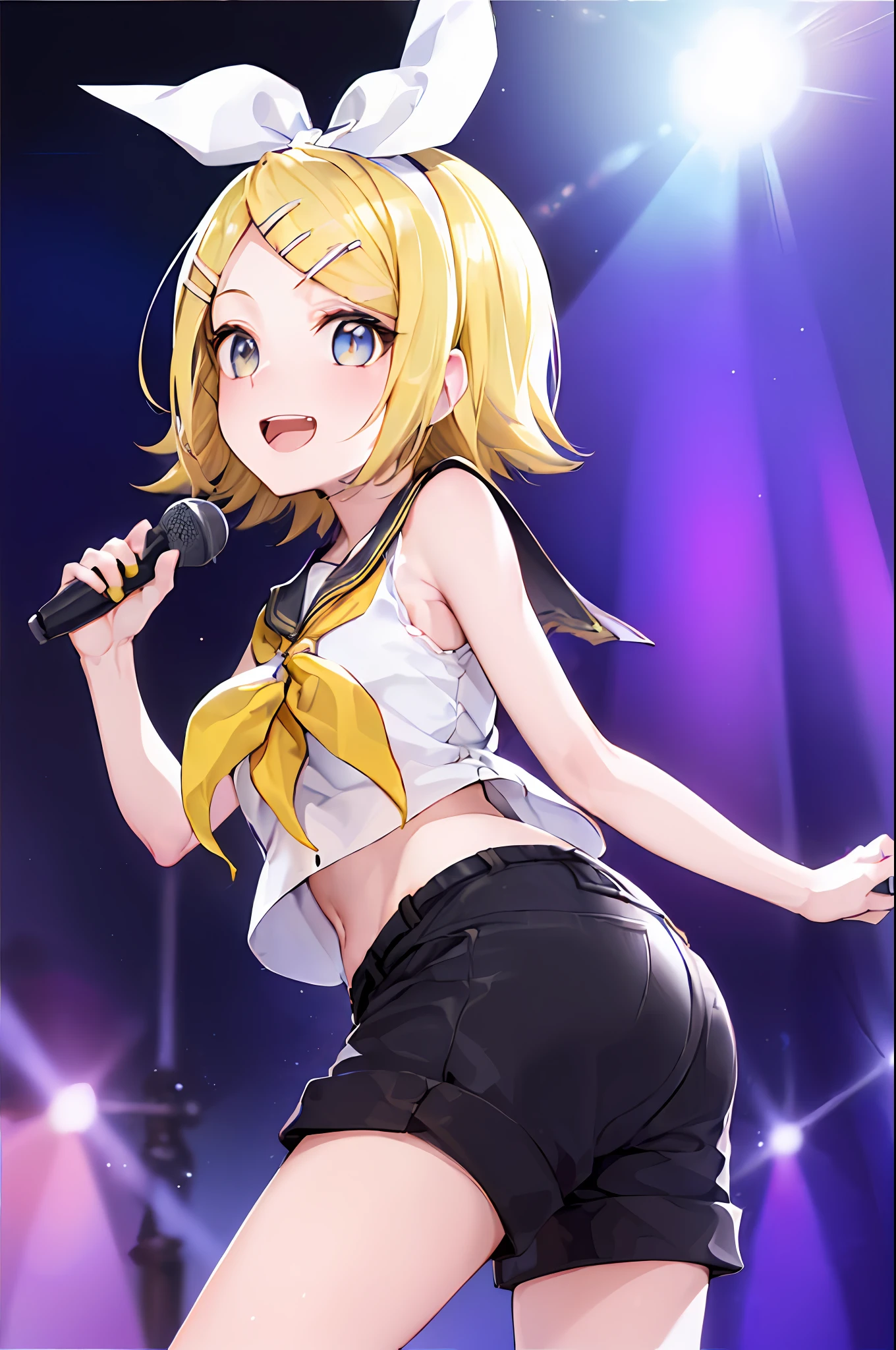 (Best Quality,Hyper-detailing:1.5),(girl with,Solo), kagamine_Rin,yellow  hair,hair adornments, A smile, hair clips, blue eyess, Look at viewers, Sailor collar, shorth hair, Yellow neckerchief, neckerchief, Hair Bow, The shirt, bangss, Sleeveless, Yellow nails, Black sailor color, white  shirt, sleeveless shirts, shortpants,bangss, manicure,BREAK, (absurderes, Upper body,Insanely detailed portrait,Intense angle,Expressive,Ultra-detailed,extremely delicate and beautiful),(perfect detailed eyes),(Beautiful Landscapes,8K),(incredible detailed),(Music Live,holding the mic,inside stadium,Live Stage,Indoor,Gravure Pose,pretty pose),