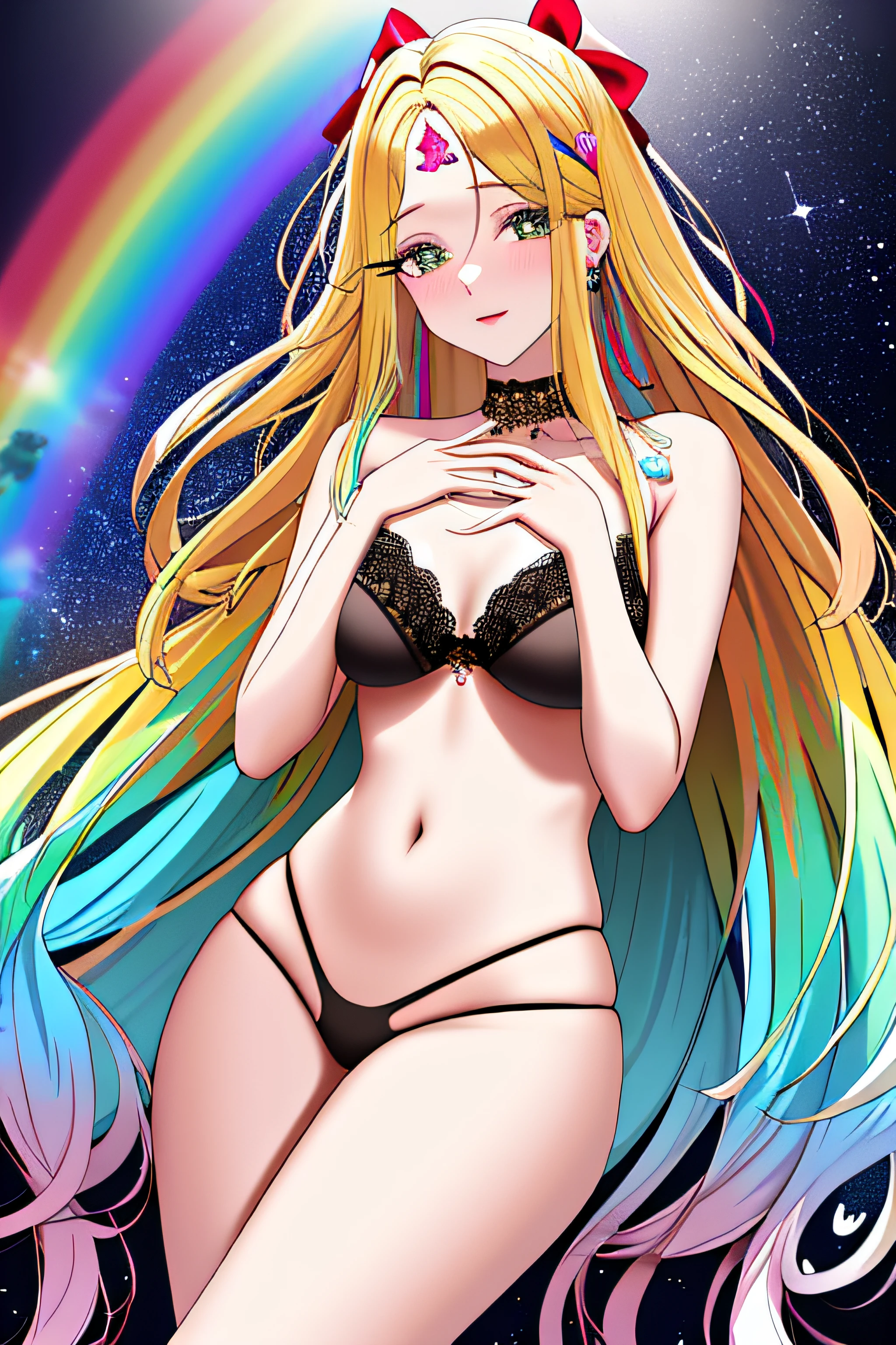 (obra-prima: 1.4, melhor qualidade: 1.2), (imagem real, detalhes intrincados), 1senhora, sozinho, NSFW, allure: (MILF), ((Onze)), (Hair: long rainbow hair, franja reta), (esguio: 1.3), olhos blond, seios delgados, (hearts in the pupils), large pelvis, olhos afiados, garments: lace bra, Accessories: anel dourado, brincos de aro simples, concha coLar, cabelo: long rainbow hair, (Hair: long rainbow hair, franja reta), hair messy, hairbow, ornamento de cabelo, maquiagem: natural, pele brilhante, Location: interior, Comportamento: boca aberta, tongue, Ventosas, own hands together