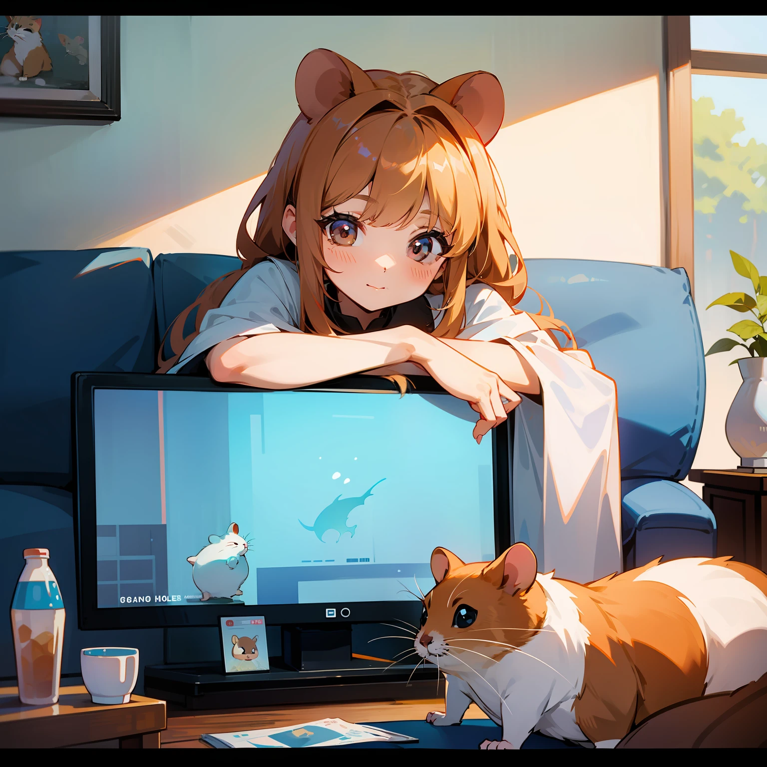 The cute lady hamster is watching TV