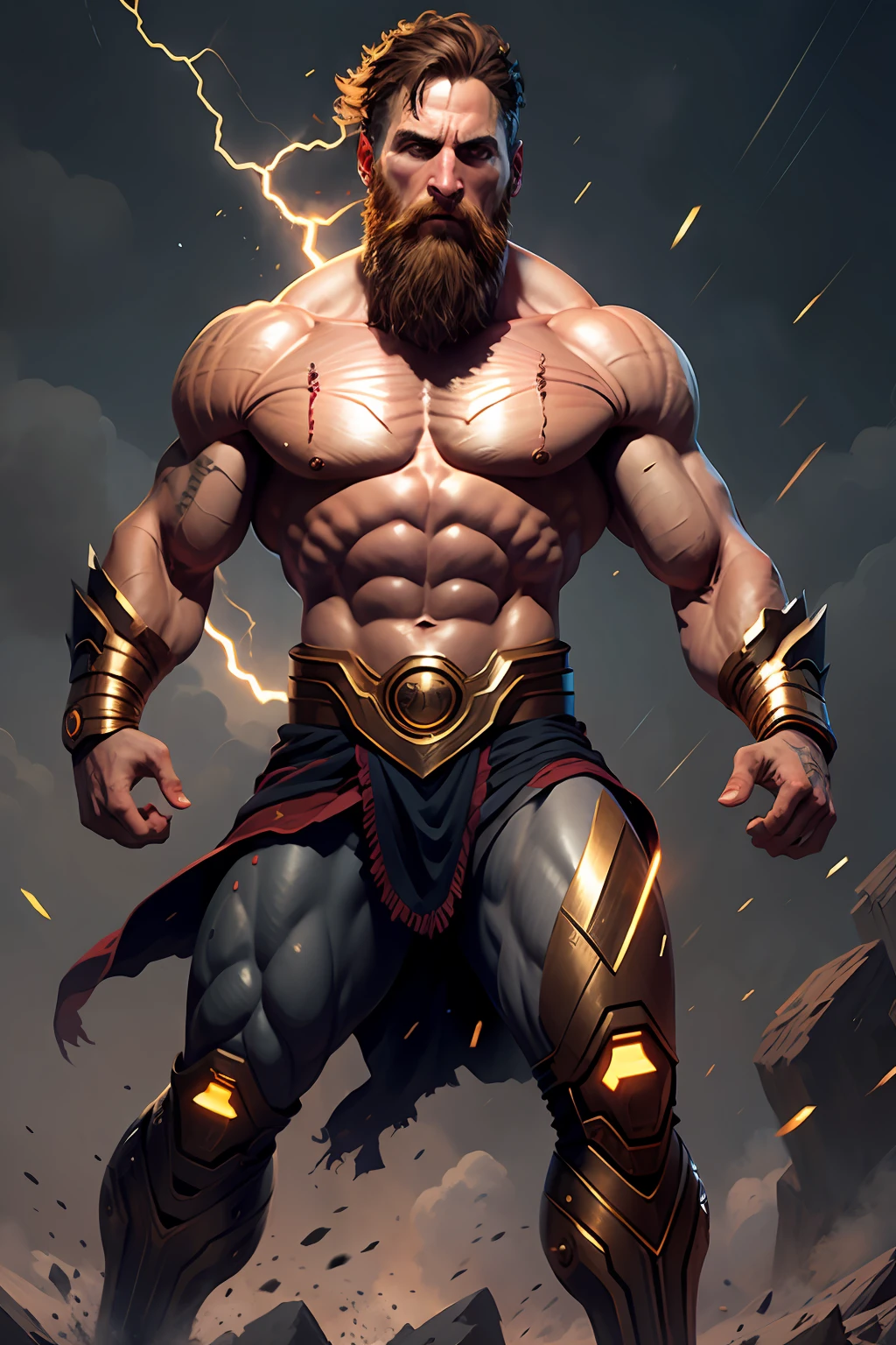 Lionel messi, full body, cyborg, steel cyborg, thunder background