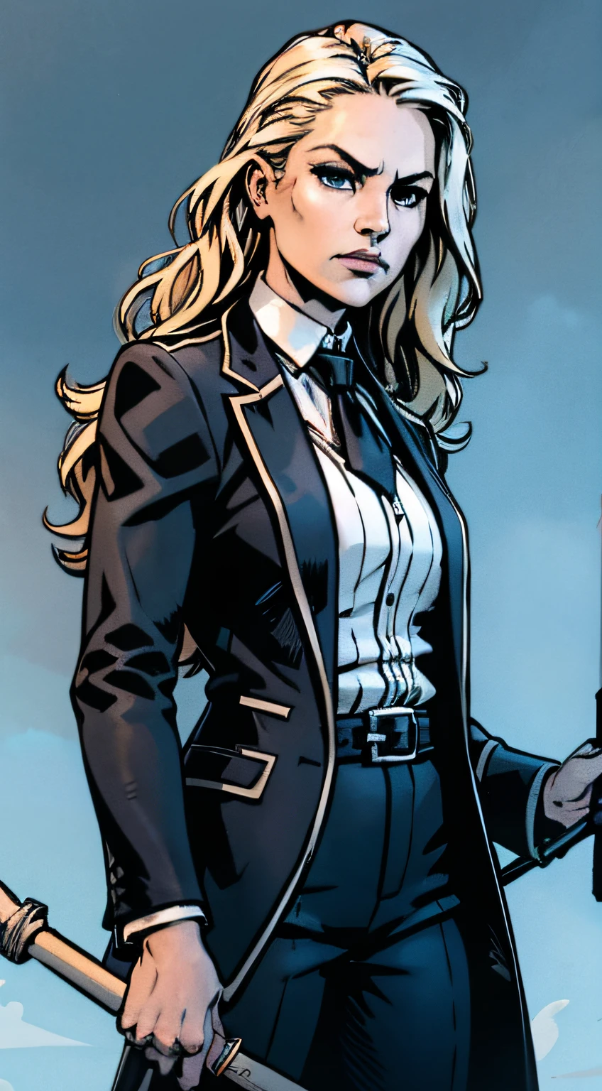 The woman, round face, light blue eyes, blonde hair, Wavy Hair, Long hair, white  shirt, black necktie, black jacket, black catsuit, ((cane))