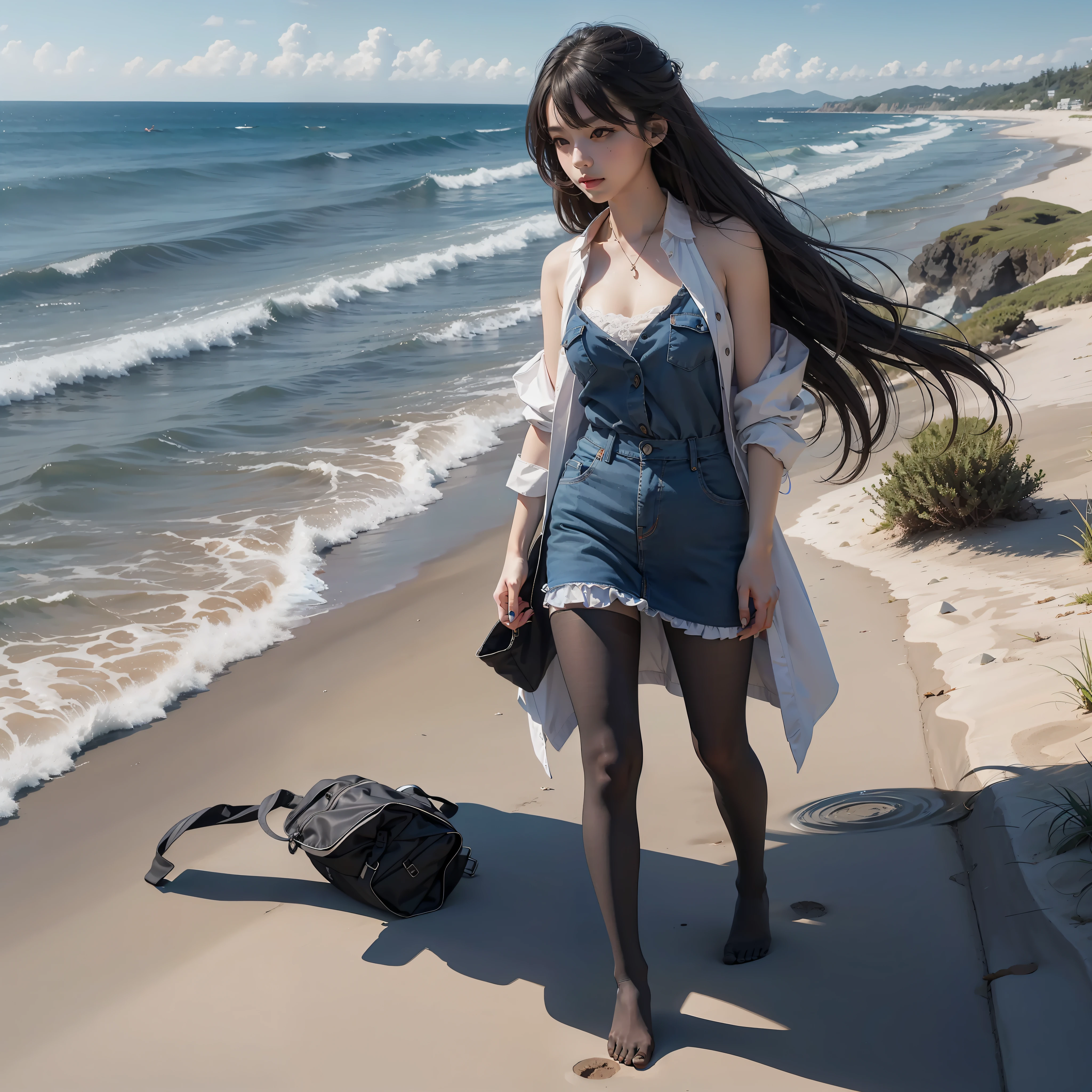 tmasterpiece,best qualtiy:1.4),Smooth movement,(2girls),(highest details),lacepantyhose,without wearing shoes,Whole body diagram,beachside,taking a walk,Lazy,playing water