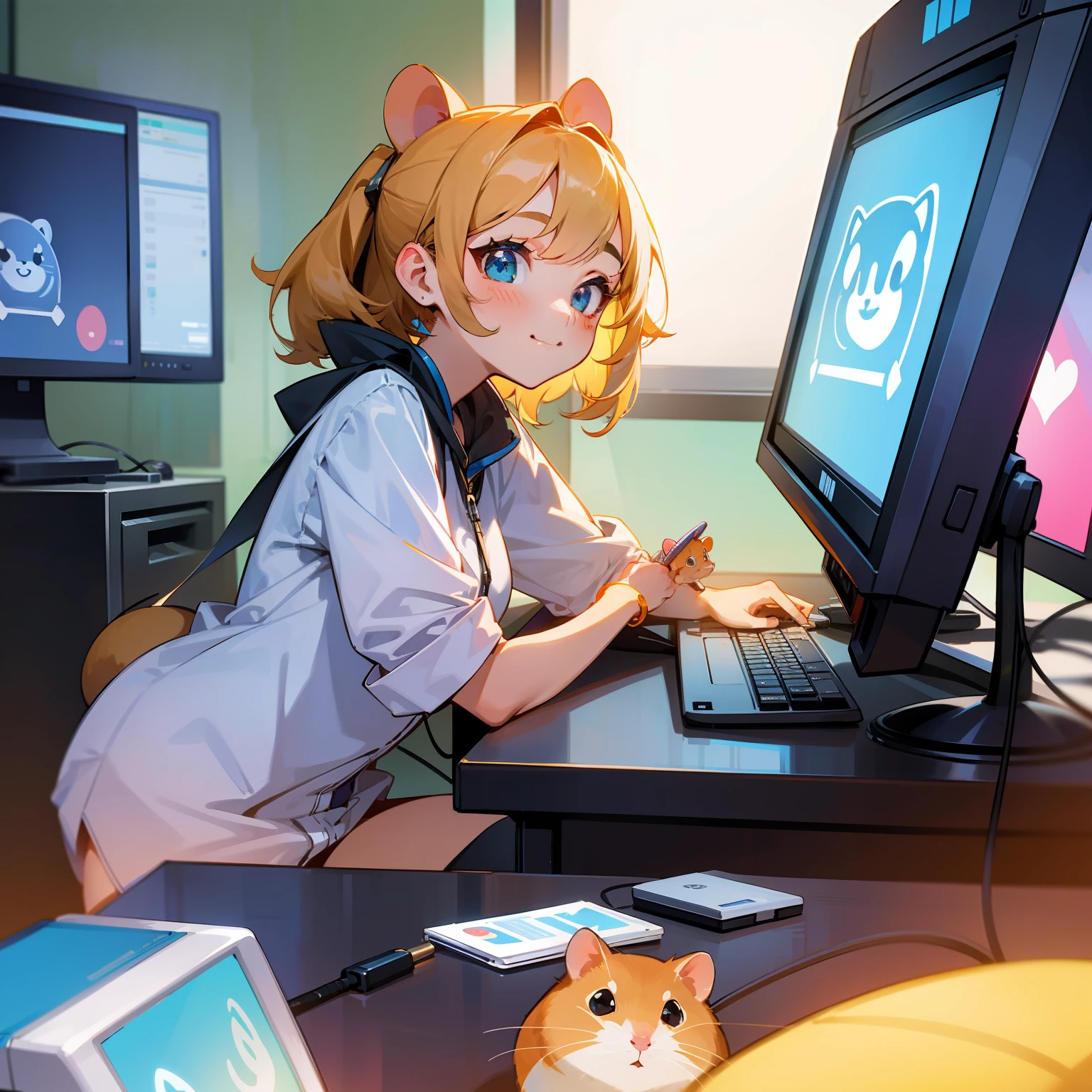 The cute lady hamster is looking at the computer