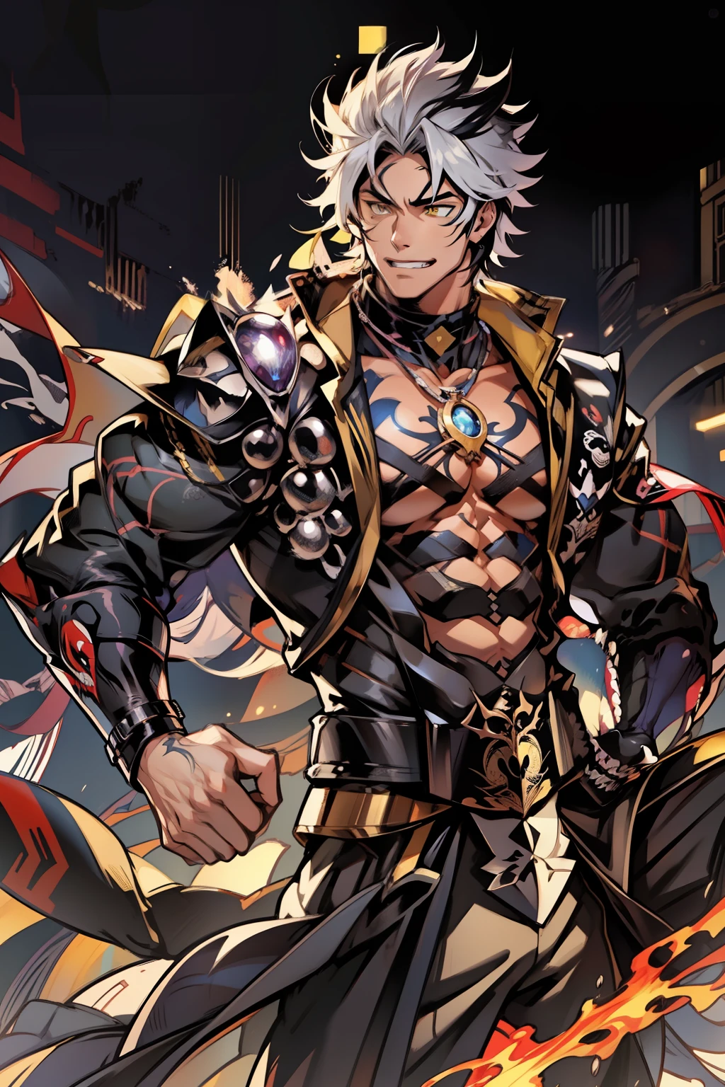 《the original god》Arataki Kazuto , male people,,((Masterpiece)), ((Best quality)), Ultra detailed,((illustration)), Dynamic Angle, Detailed light, (Delicate eyes), Floating, 1boy, Male focus, Head, Clothing, Yellow eyes, necklace, tattoo, (Forehead:0.8), (ahoge:0.8), jewelry, apathy,Ray, chest muscle, Sexy , Venom symbiote for your body, Black mucus of the body , (into venom), Venom,frontage,style of anime4 K, 4K anime wallpaper, Badass anime 8 K, 4 k comic wallpaper, young anime man, Anime boys, Anime wallpapers 4 k, Anime wallpaper 4K, High quality anime art style, Anime moe art style, Anime art wallpaper 8 K, Anime art wallpaper 4 K, RGB lighting