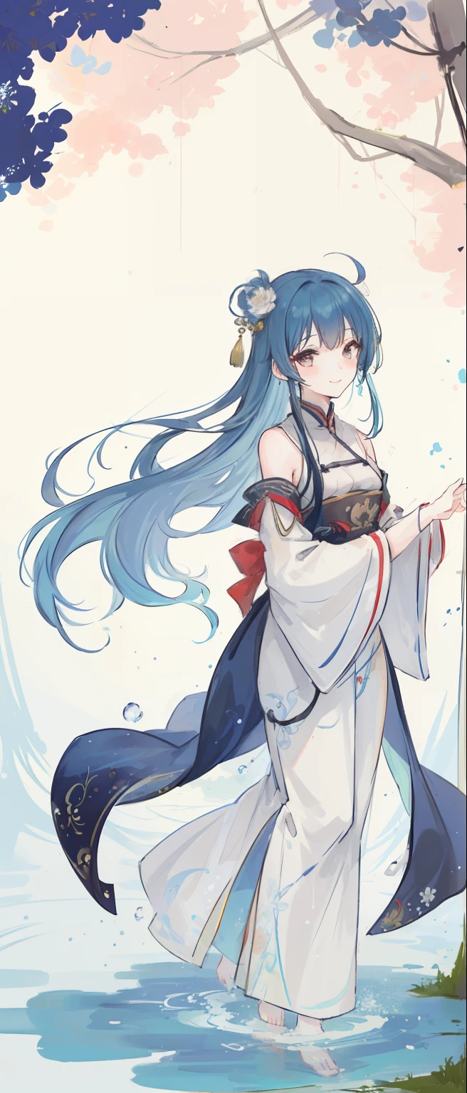 ((4k,masterpiece,best quality)), shuimobysim, traditional chinese ink painting, lotus, hanfu, maxiskit, dress conservatively
1girl, solo, long blue hair, smile, standing, feet in the water, barefoot,