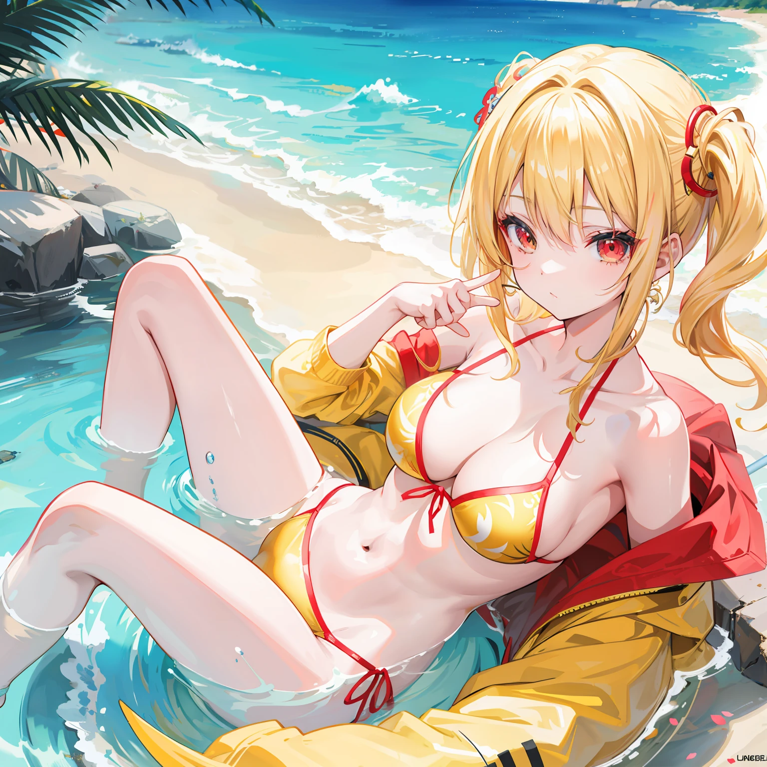 animesque、Blonde and red-eyed girl、One person、Yellow Bikini、