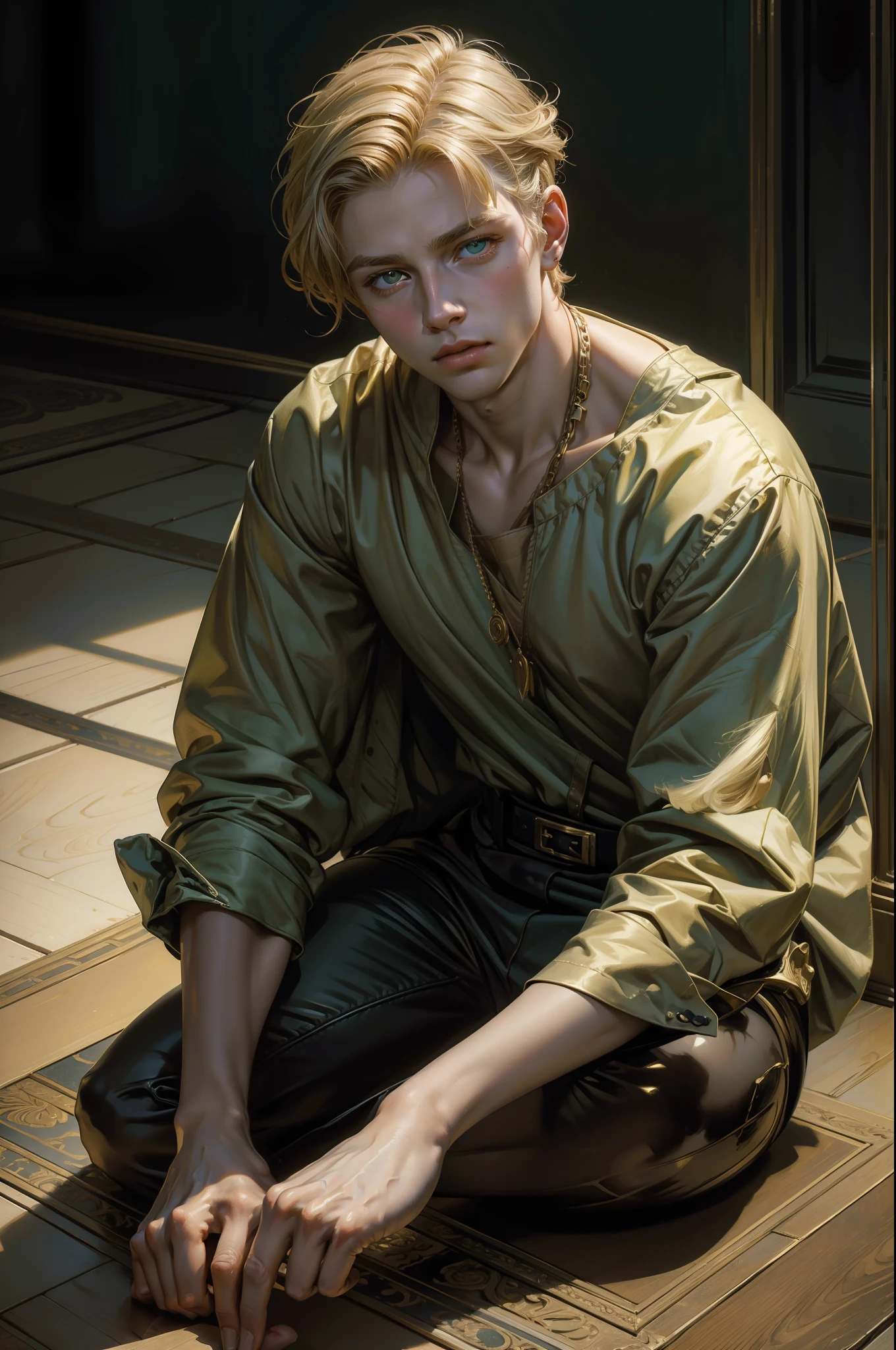 Highly detailed oil painting, face portrait of a young blonde man ((sit in the floor)), angular face, green eyes , short, surreal, photo realistic, illustration , alexandre cabanel style, tom bagshaw, fantasy 1, ((mascuine))