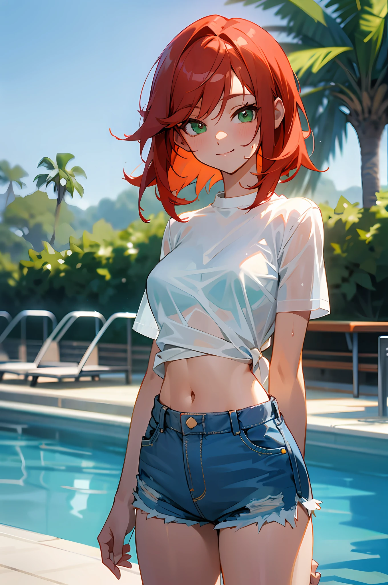 a cute redhead anime girl in shorts standing near a poolside, 1girl, solo, denim shorts, wet, shirt, denim, shorts, navel, looking at viewer, smile, white shirt, wet clothes, green eyes, outdoors, red hair, short shorts, short sleeves, see-through, cutoffs, stomach, breasts, midriff, wet shirt, cowboy shot, thighs, medium breasts, blue shorts, closed mouth --auto