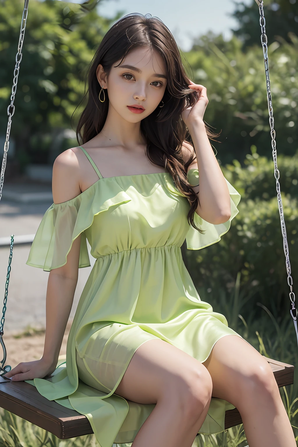 Women Summer Buffing Sleeve Off Shoulder Mini Dress a Line Flowy Swing Dress, lime green, verde claro, cetim, Este, vestido de cetim, Seda organza, strap dress, silk dress, vestido satin