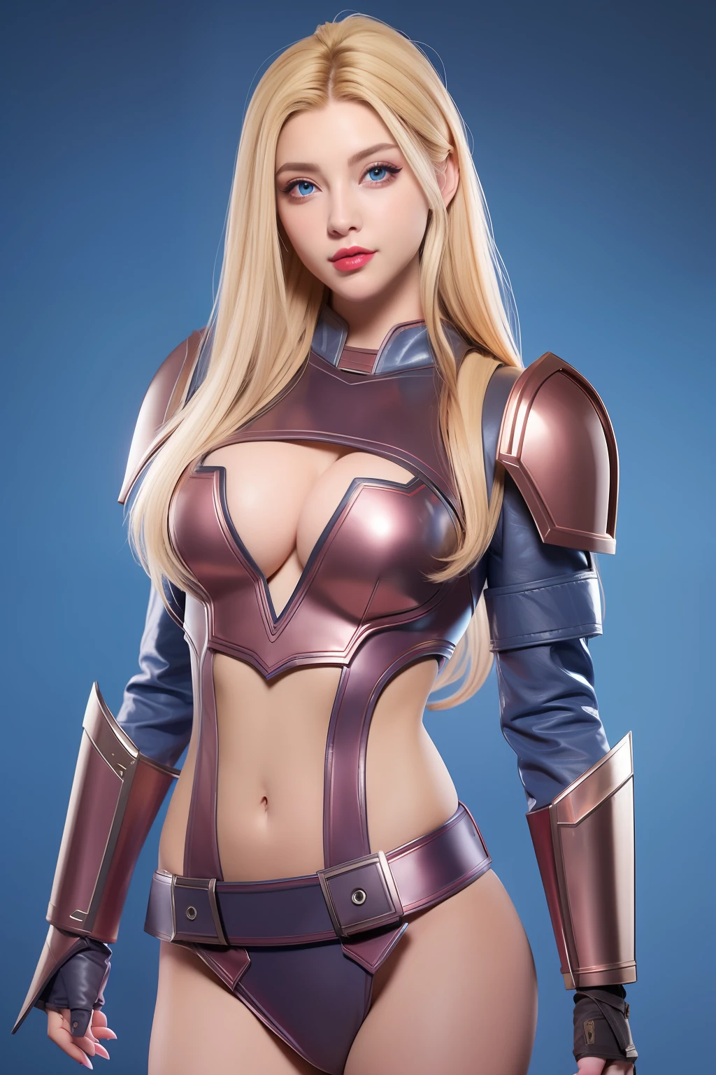 Beautiful Face Woman、a blond、a miniskirt、Blue background、Sexy Beauty、18year old、prety woman、hyper realistic photography、High-definition photos、red lipsticks、Metal Armor Costume in Mandalorian Style、big eye、beutiful breast