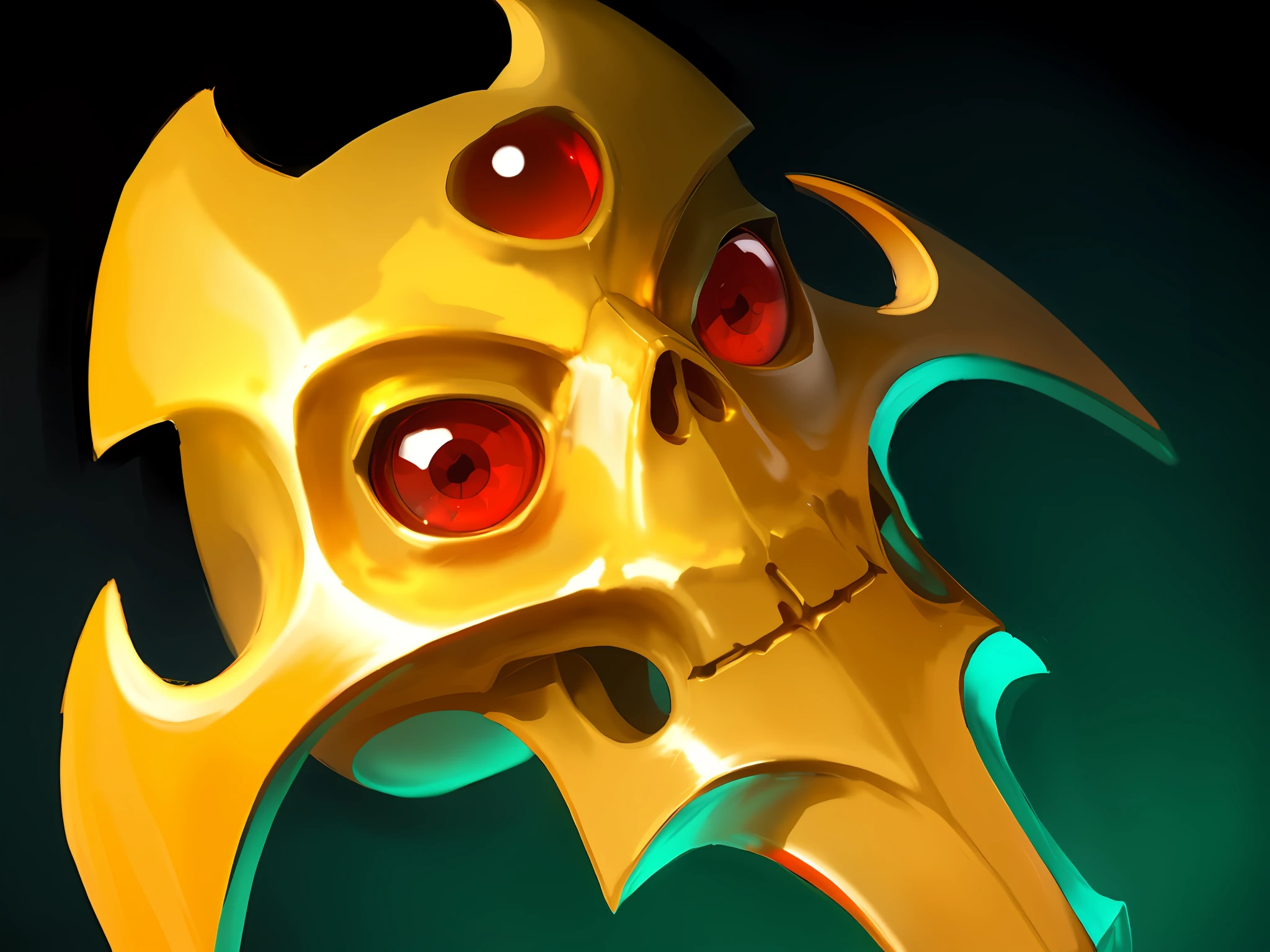 There is a close-up of a golden skeleton item,Three ruby eyes,Smooth gold,Red eyes, Symmetrical items,Has a skull-like nose and teeth