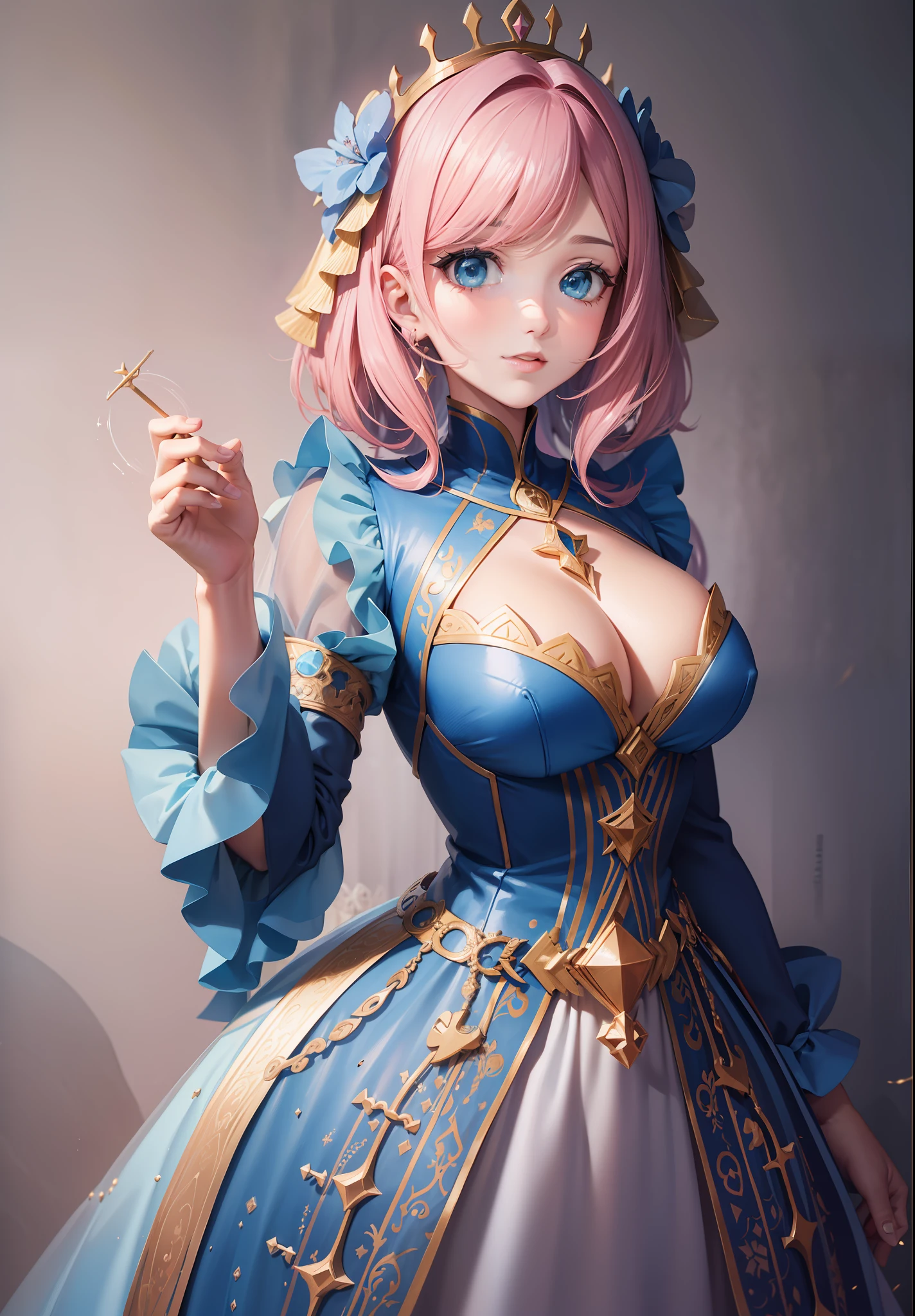 quadratic element,King Glory Figure,blue hairs,Beautuful Women,Amazing figure,Dress revealingly,Delicate facial features,A pink-haired