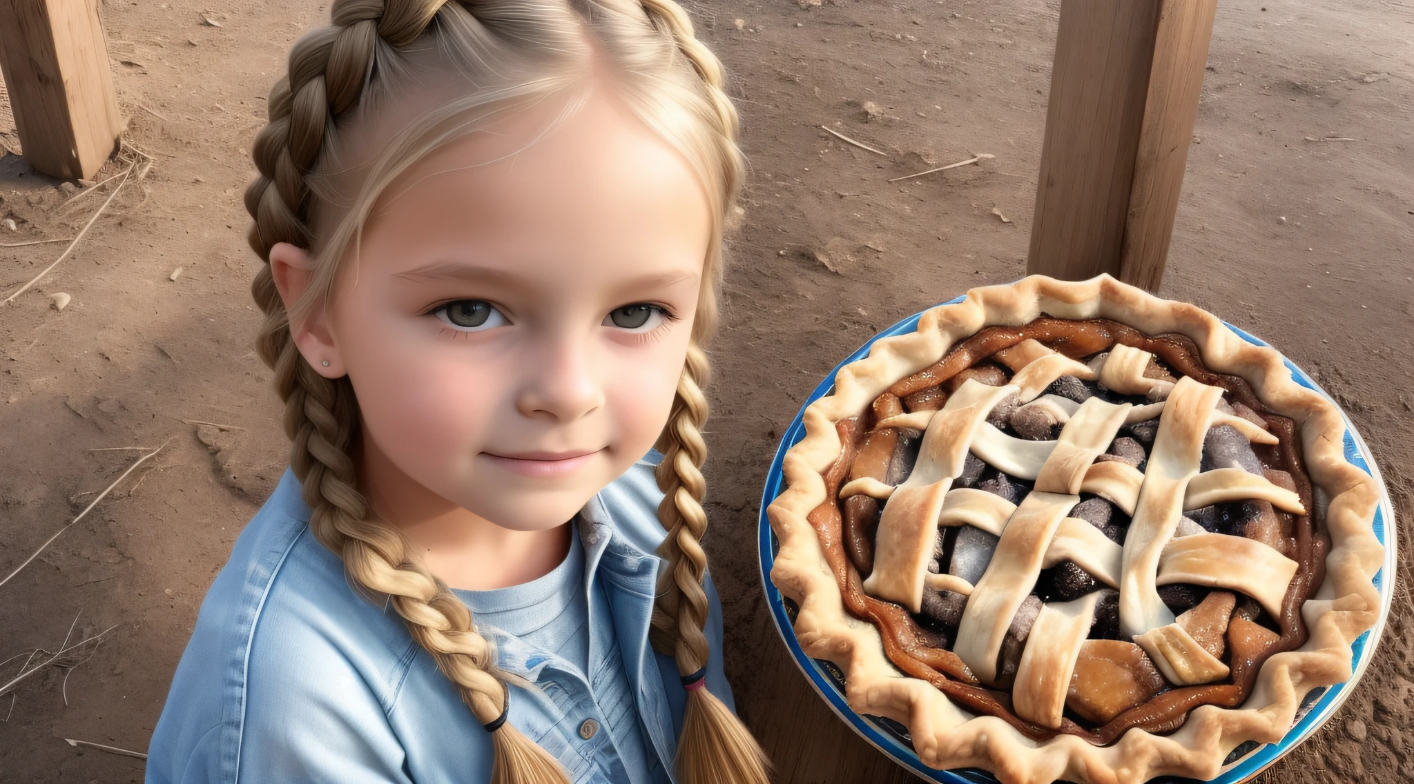 girl CHILD 10 years old, Russian blonde in braids, There are four pieces of PIE