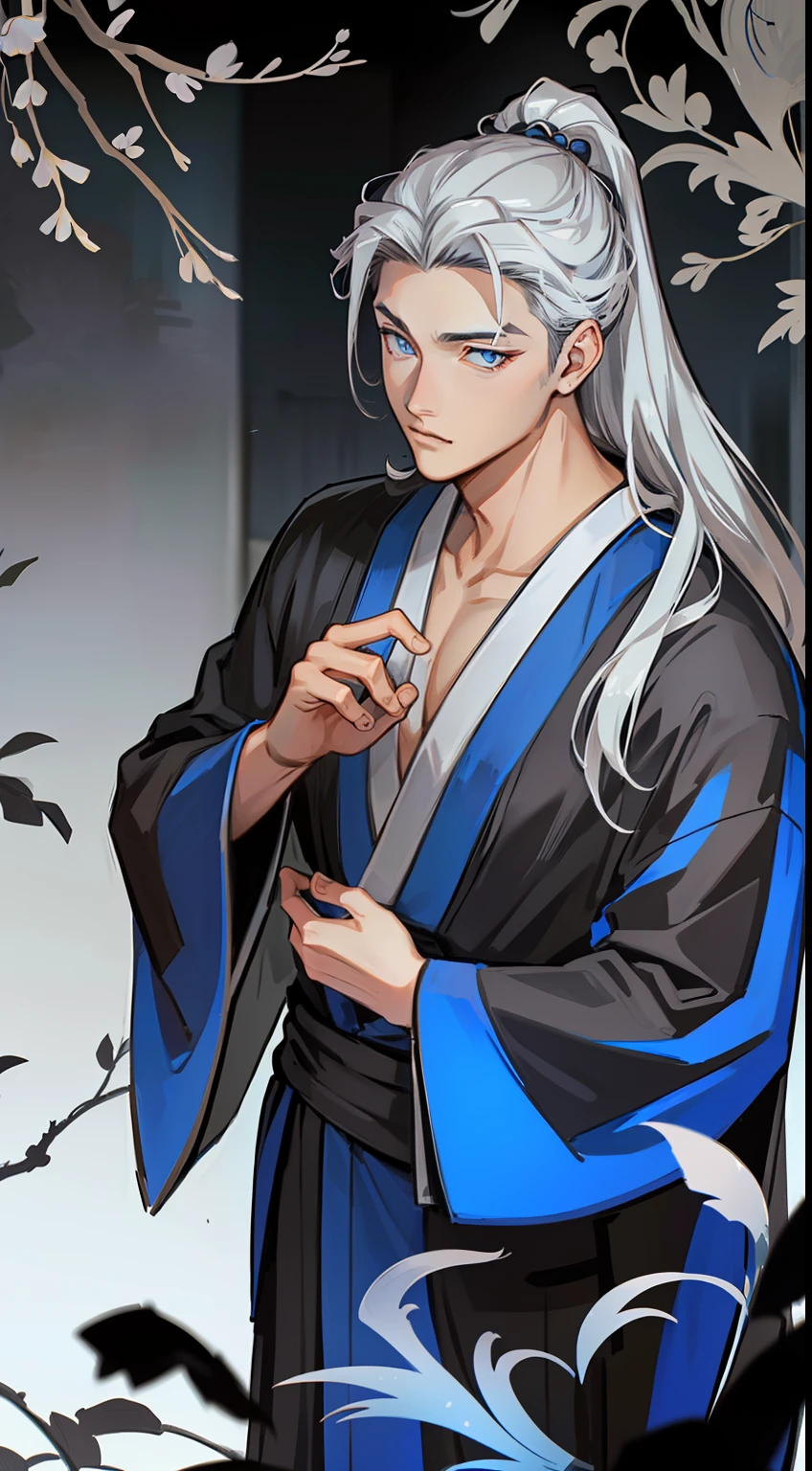 （tmasterpiece：1.2，high high quality），(（A male））,（Black kimono），（Long silver hair），（blue gray eyes），（Color gas），（鎖骨）