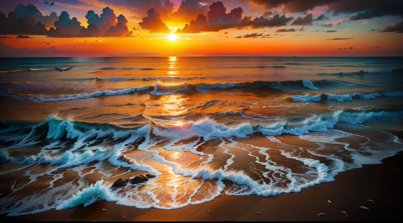 An absolutely mesmerizing sunset over the beach, with Table Mountain on the horizon, a blend of oranges, pinks, and yellows filling the sky. Crystal-clear waters of the sea gently kissing the shore, with sandy white beach stretching far and wide. The scene is dynamic and breathtaking, with seagulls soaring high in the sky and gently swaying palm trees. Take in the calming atmosphere and let the peacefulness wash over you.