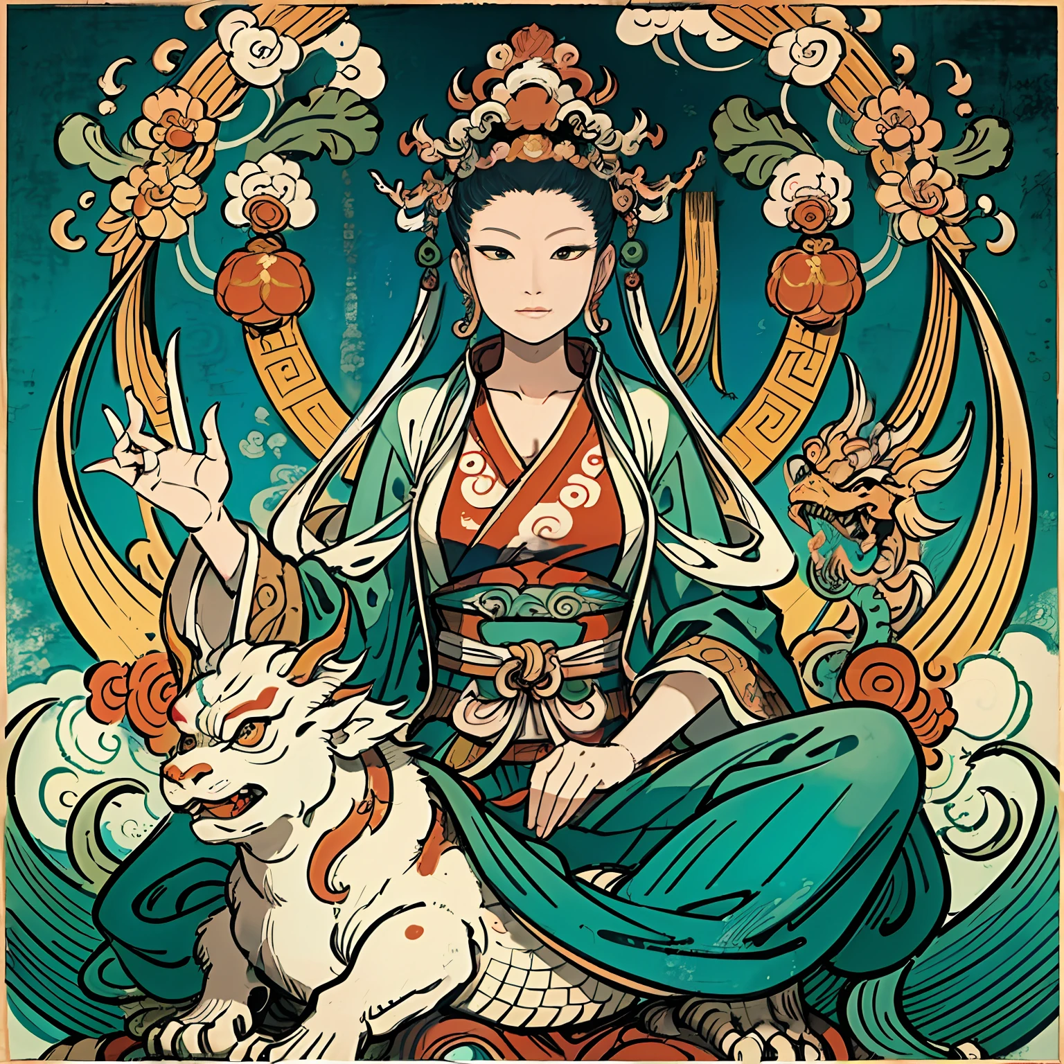 an ancient Chinese goddess, guanyin of the southern seas, Guanyin, Inspired by India, Avalokiteshvara rides a dragon,Serene expression,shui mo hua,Buddha,Buddhist,Lotus,Chinese painting style,Thangka style