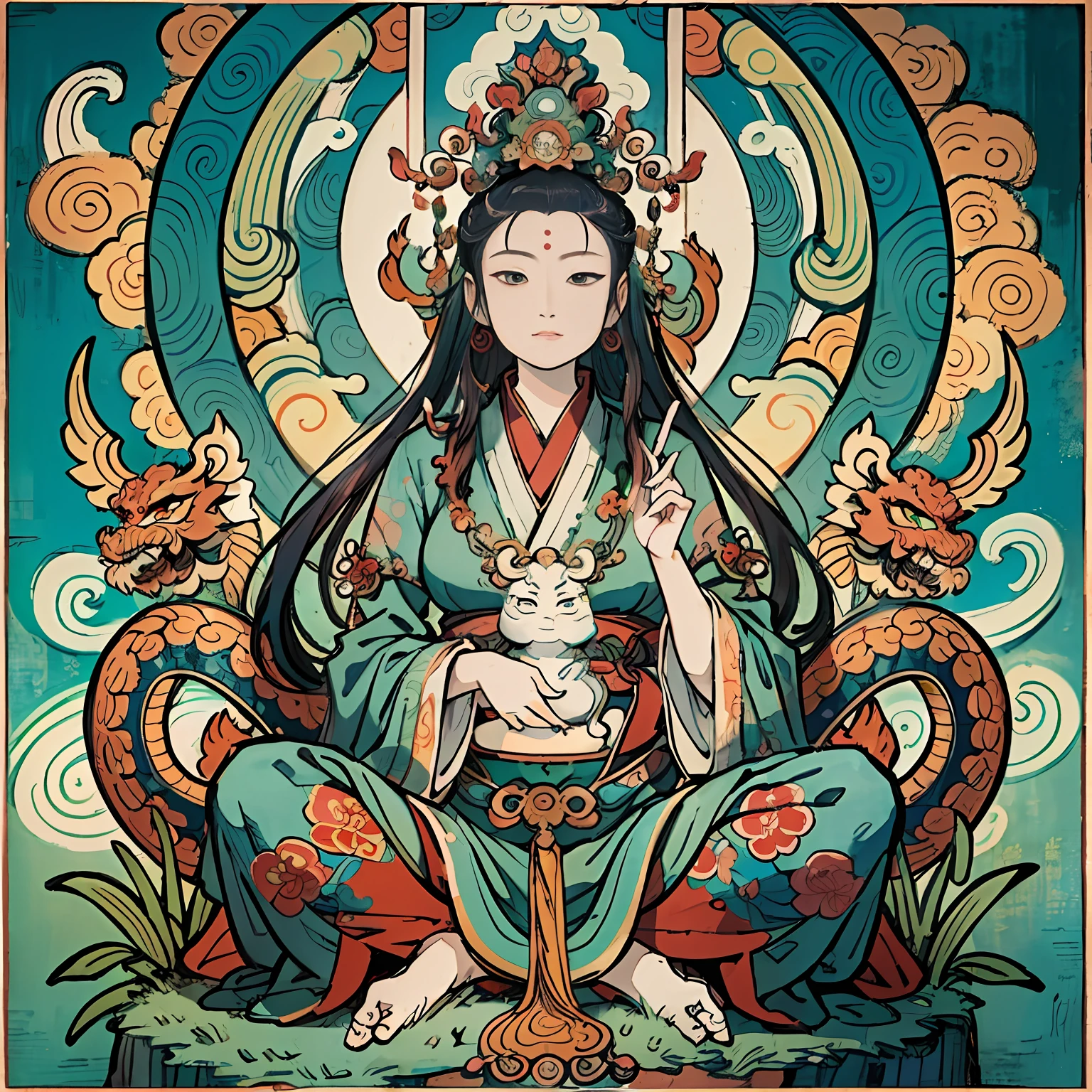 an ancient Chinese goddess, guanyin of the southern seas, Guanyin, Inspired by India, Avalokiteshvara rides a dragon,Serene expression,shui mo hua,Buddha,Buddhist,Lotus,Chinese painting style,Thangka style