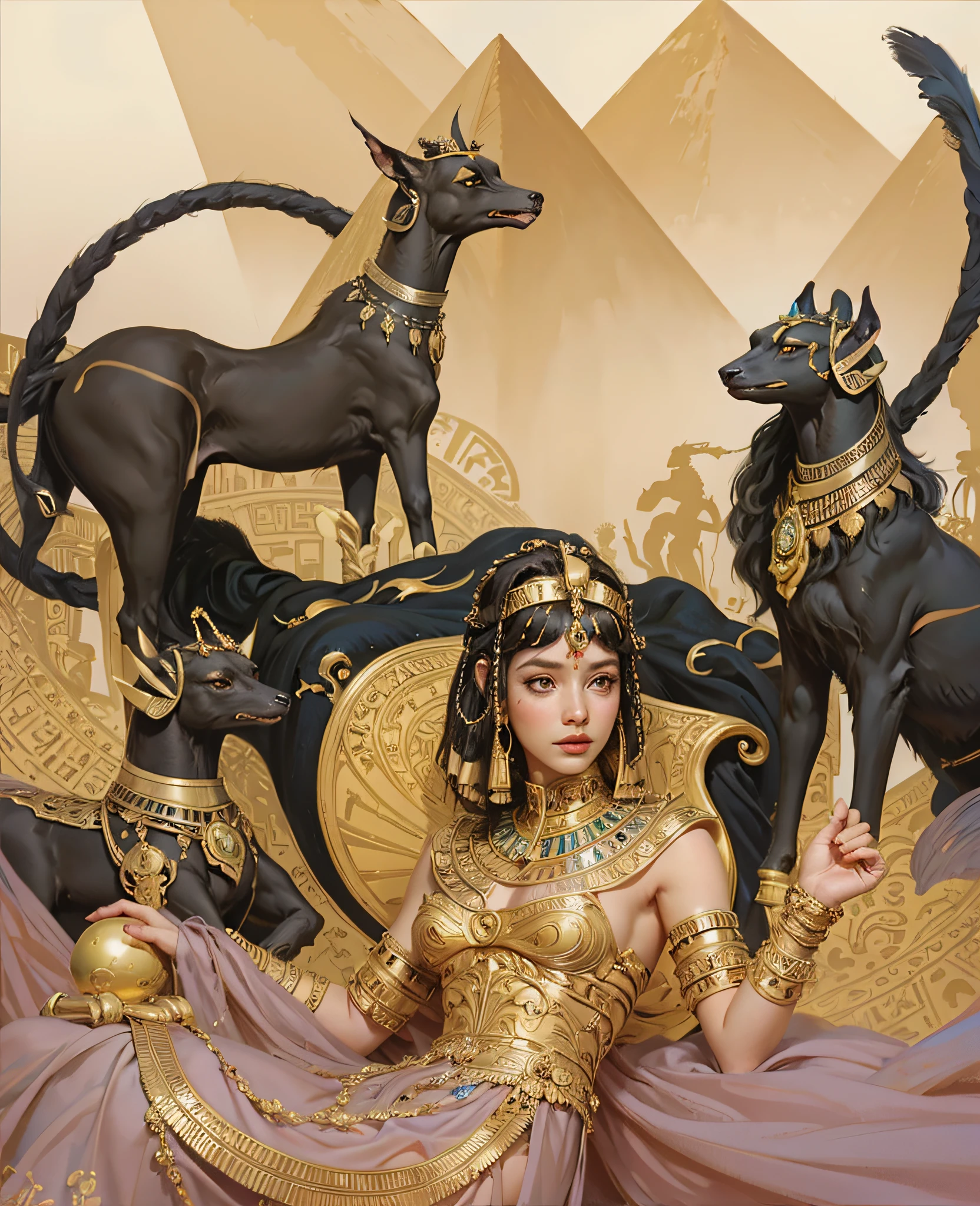 Cleopatra, full body shot, beautiful dress, goddess queen of Egypt, attractive, most perfect face, professional eye design, digital painting, beautiful hieroglyphs in the background, fantasy, intricate details, regal setting, face card, in the style of Ellen Gallagher, Abigail Larson and Anton Pieck