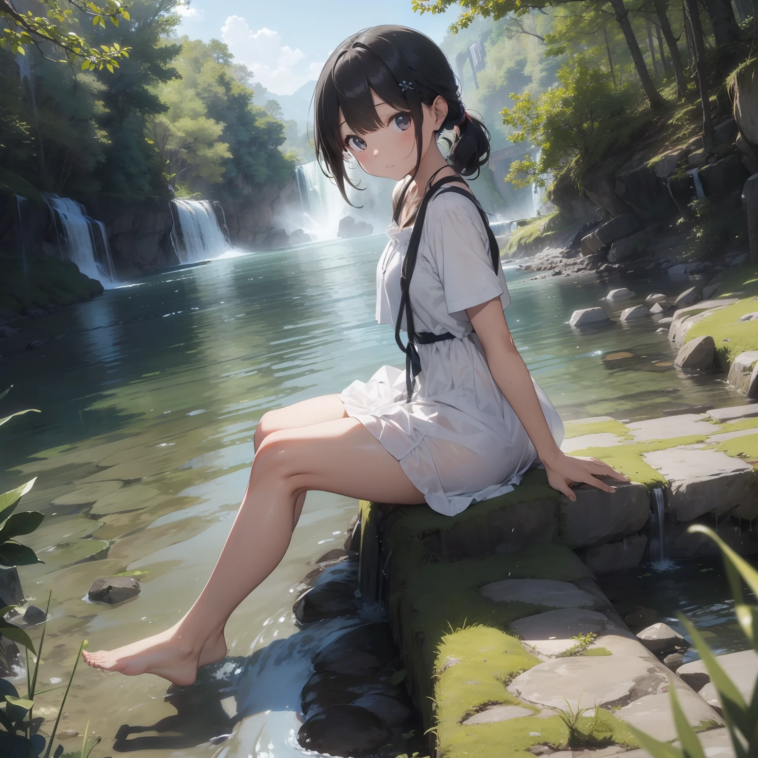 masterpiece、Beautiful images、high-level image quality、Definition image quality、独奏、Very pretty girl、Girl in light dress sitting by stream with crystal clear water、A girl was cooling off barefoot in the water of the river、Brake Camera angle from diagonally above、A green world stretches around the creek、There was a healing space where you can feel negative ions、A large waterfall is nearby、Healthy skin