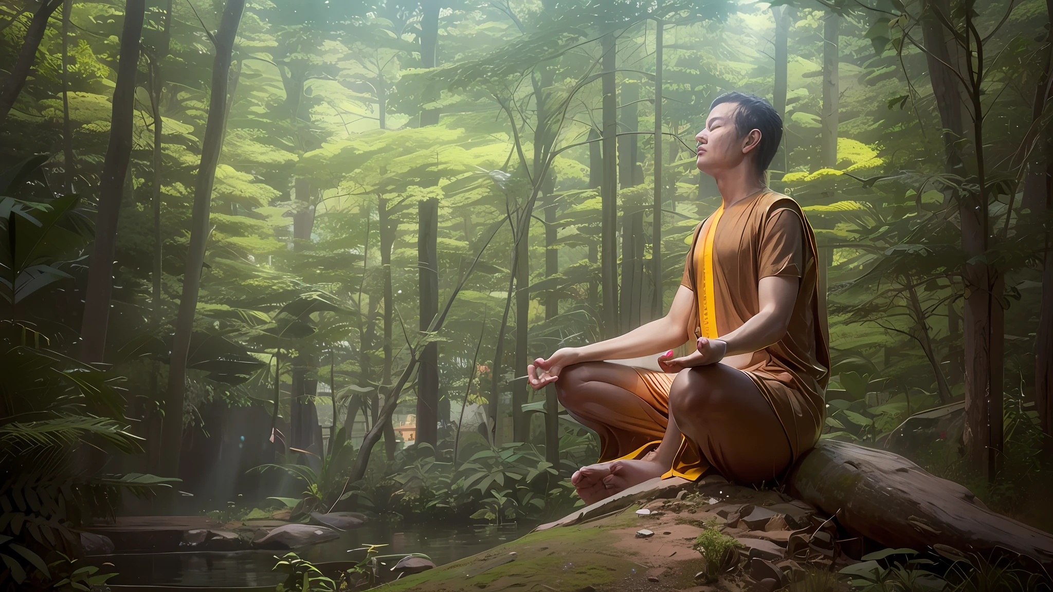 There is a man sitting on a rock in the forest, meditation pose, Meditando, Meditating in lotus position, meditating pose, sentado no forrest, meditation, Meditativo, orar meditando, Zen Meditation, yoga meditation pose, contemplativo, hindu stages of meditation, Pose Sacral Meditativa, Sukhasana, figura meditando close shot, foto de retrato