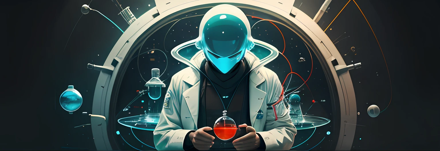 Create a logo for the "Beyond the Lab Coat" channel that features a combination of a traditional lab coat on an extraterrestrial with abstract scientific items